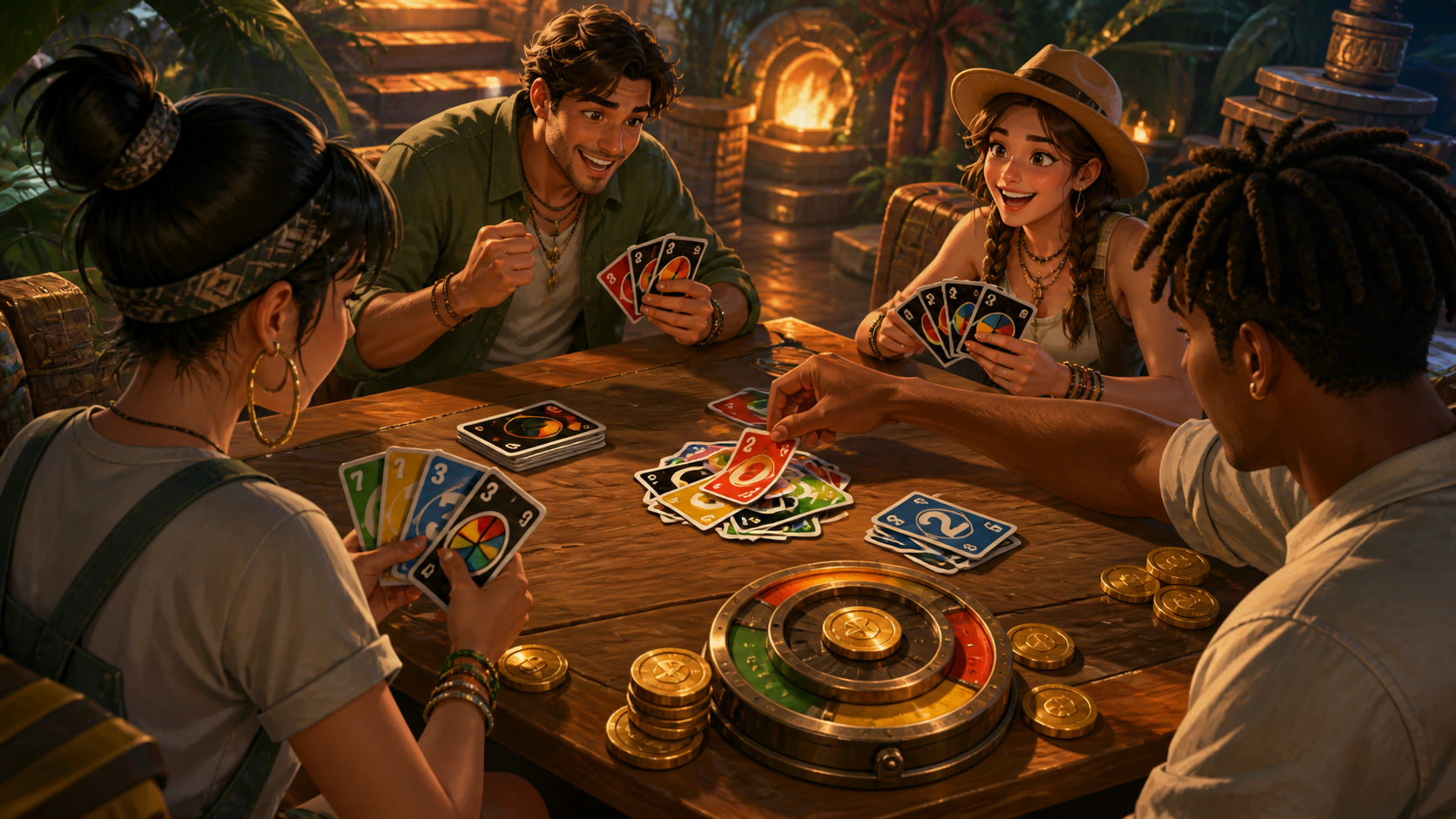 Friends continuing an UNO match beside event rewards and game coins