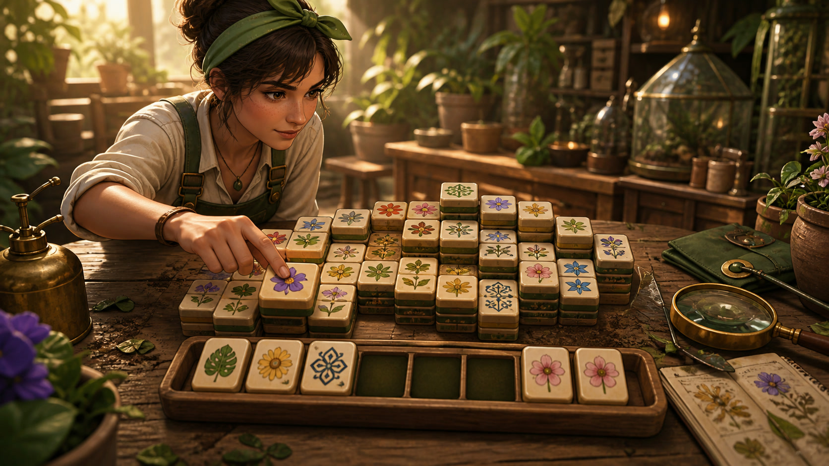 A player selecting matching flower tiles from a layered tabletop puzzle