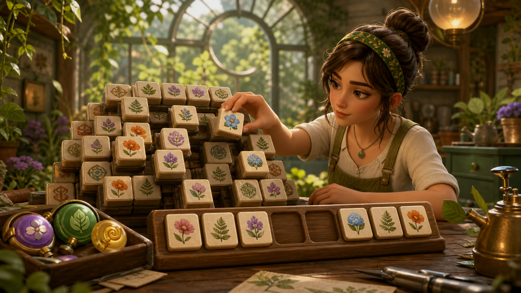 A player moving a tile toward the collection tray beneath a stacked board