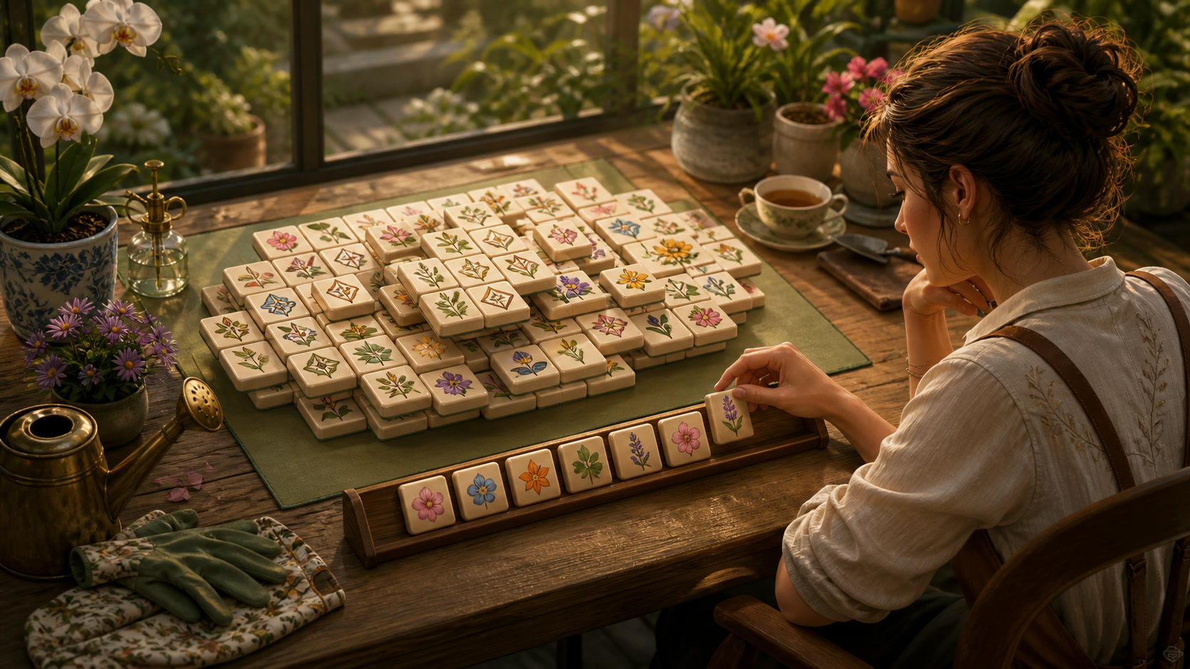 A player working through a large botanical tile-matching layout