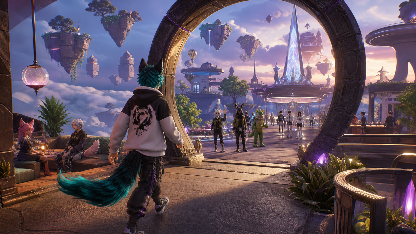 A mobile VRChat avatar entering a portal plaza filled with community worlds