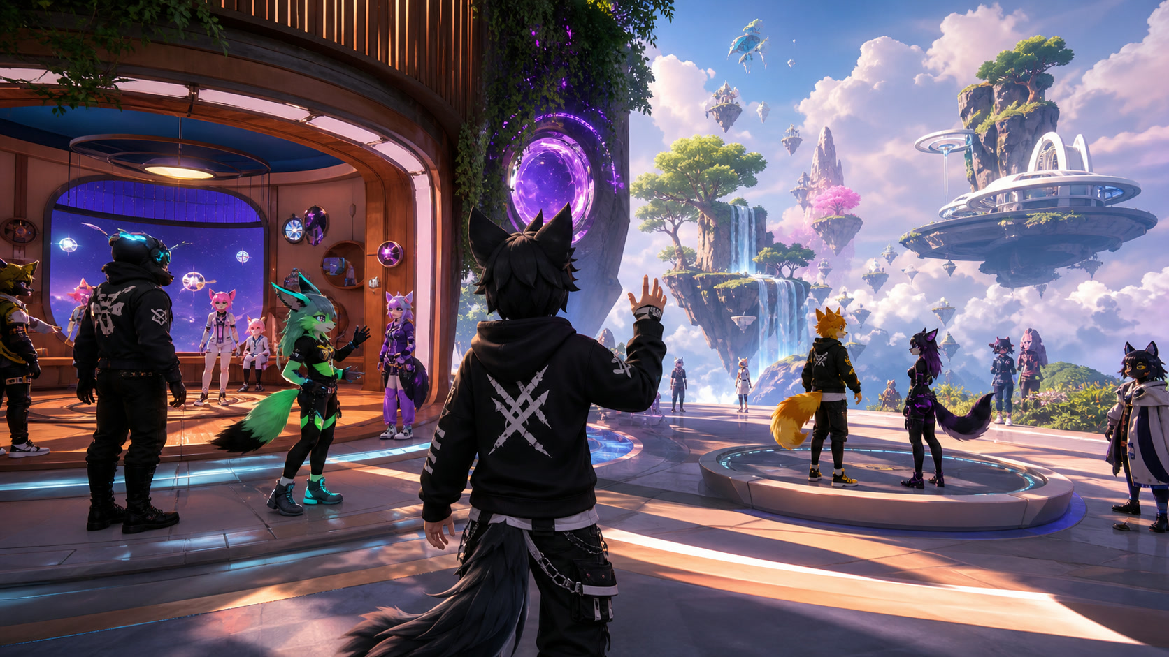 VRChat avatars gathering inside a detailed social hub with multiple portals