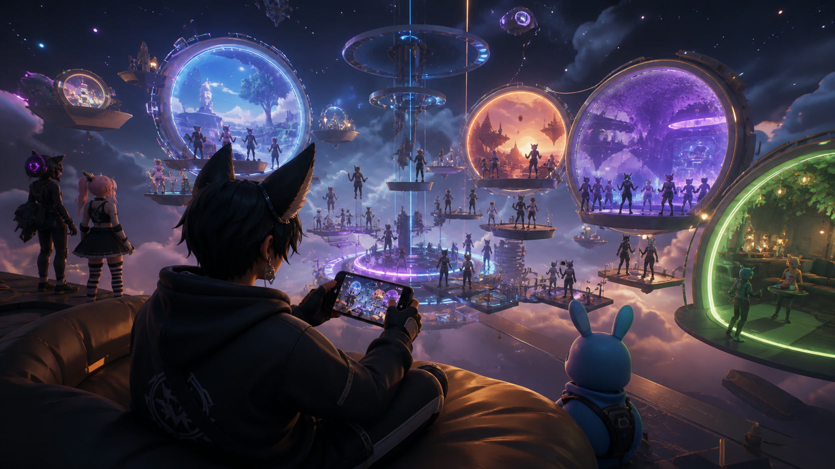 A mobile player viewing several VRChat world portals from a quiet overlook