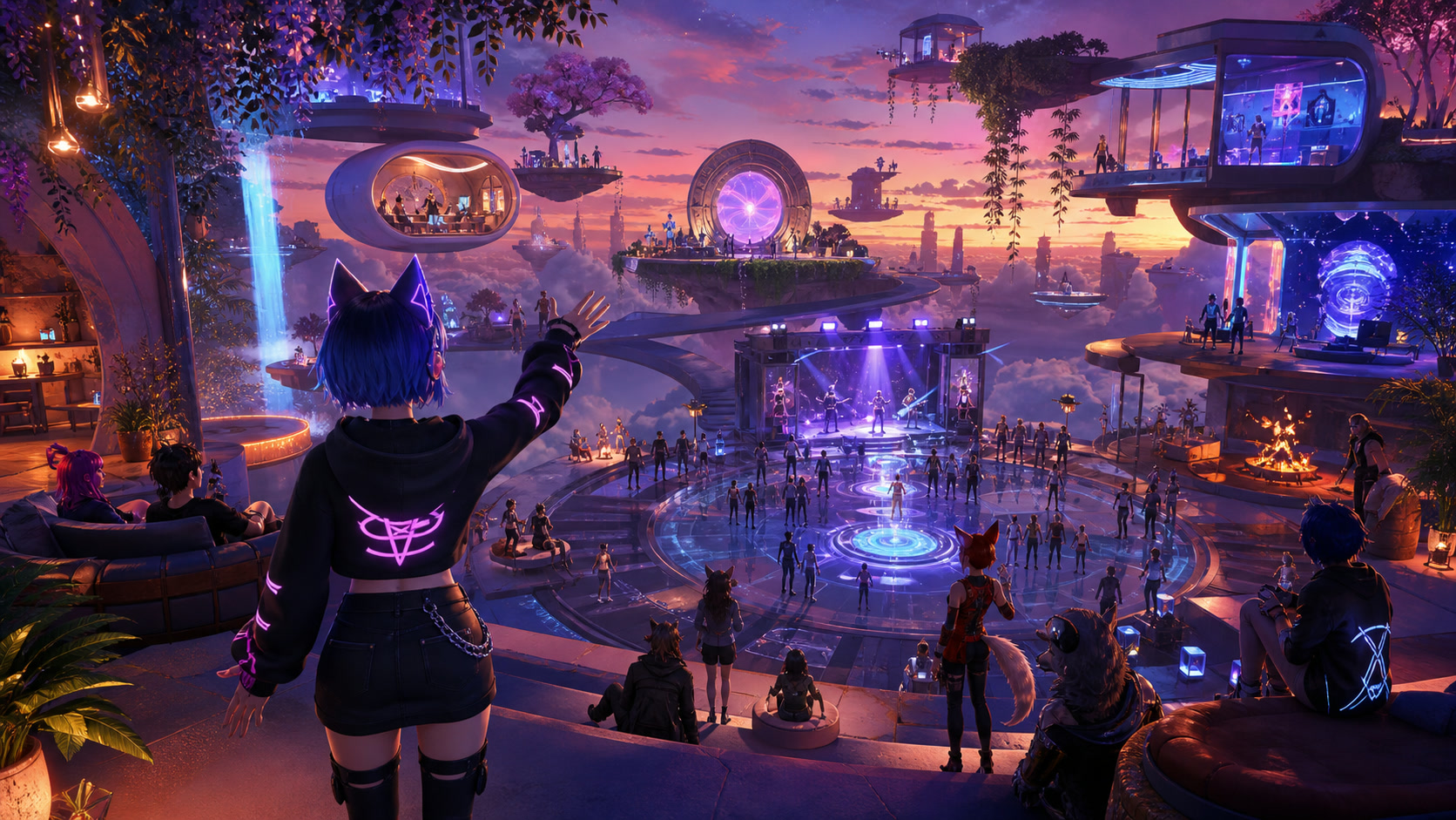 A VRChat avatar looking across a large social world filled with other players