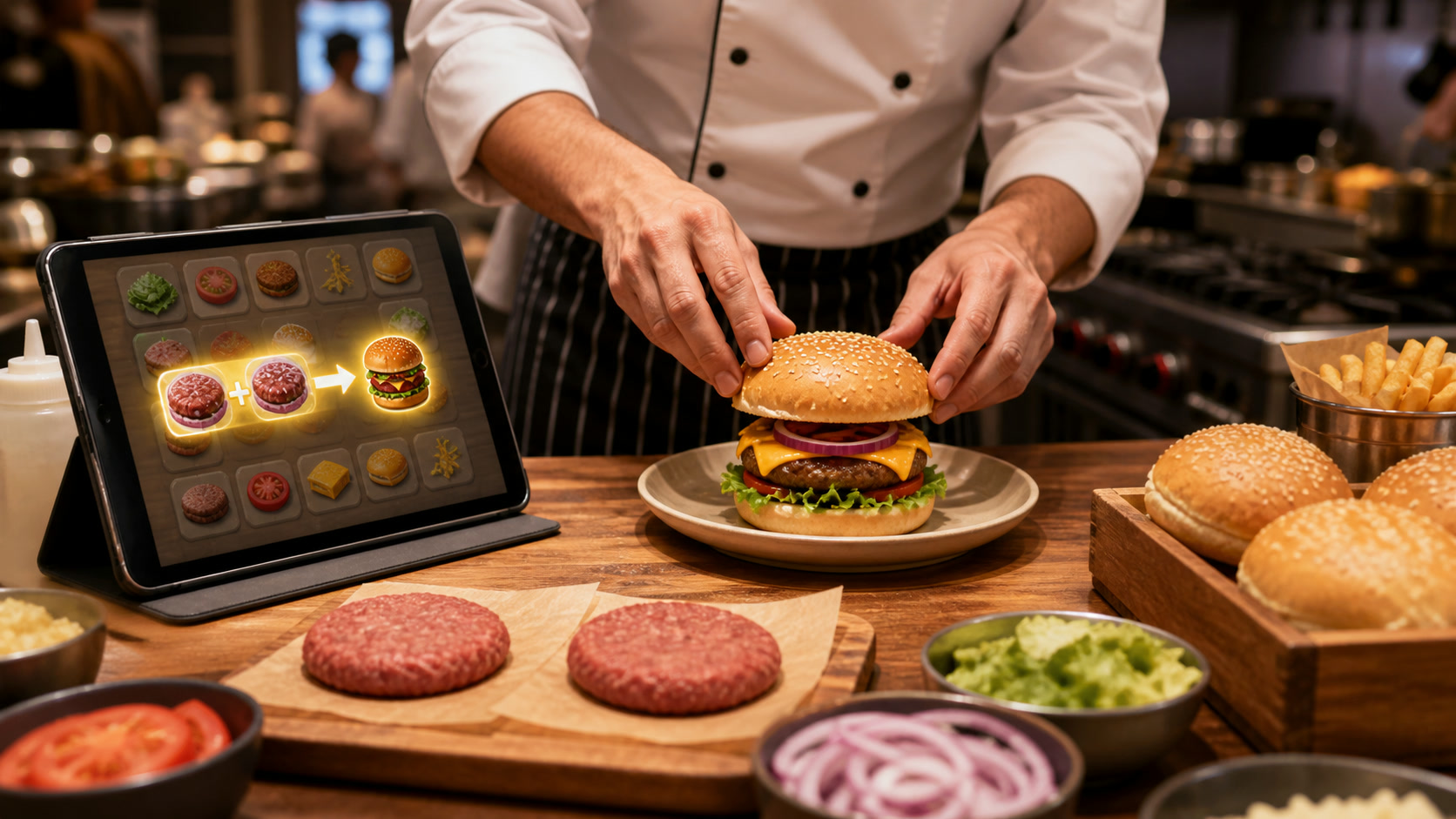 A chef assembling a burger beside a tablet showing an ingredient merge chain
