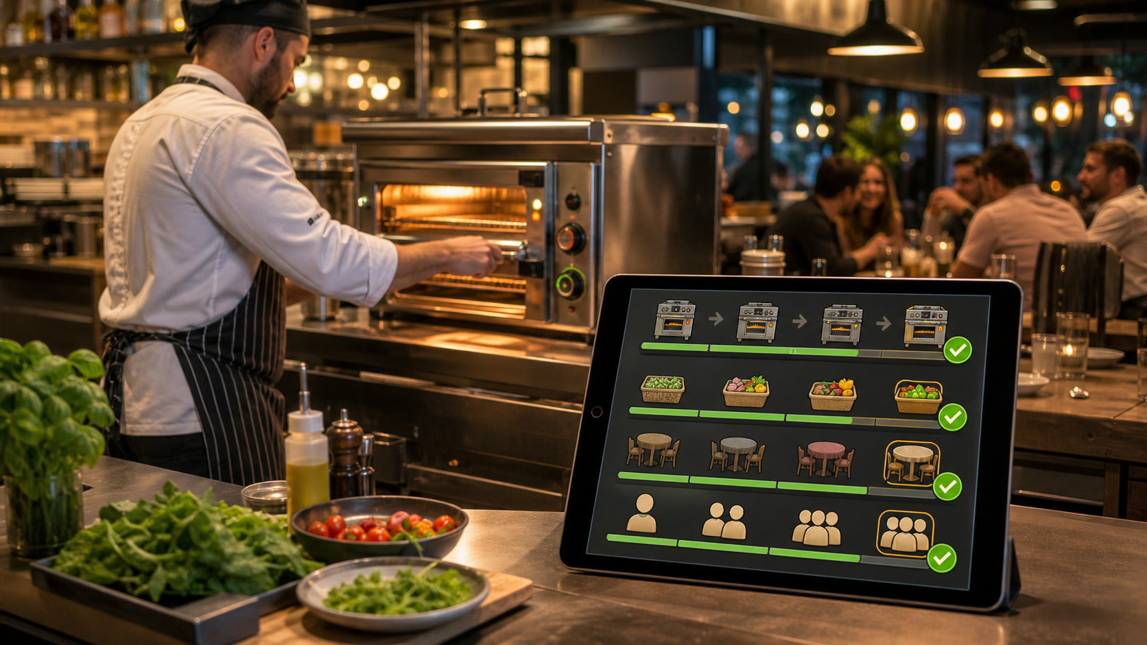 A chef upgrading ovens, ingredient stations, tables, and customer capacity