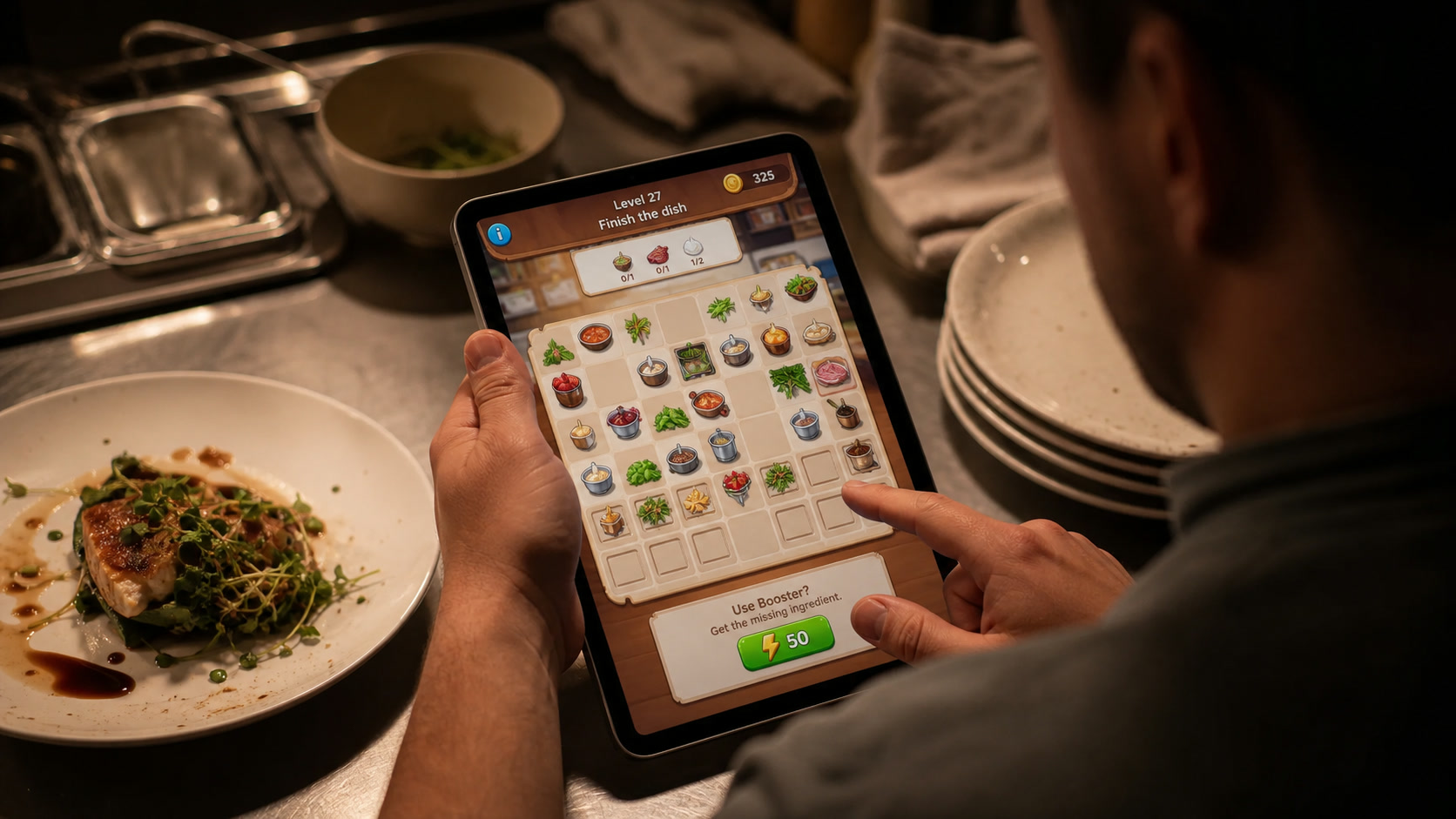 A player deciding whether to use a booster on an unfinished merge-cooking board