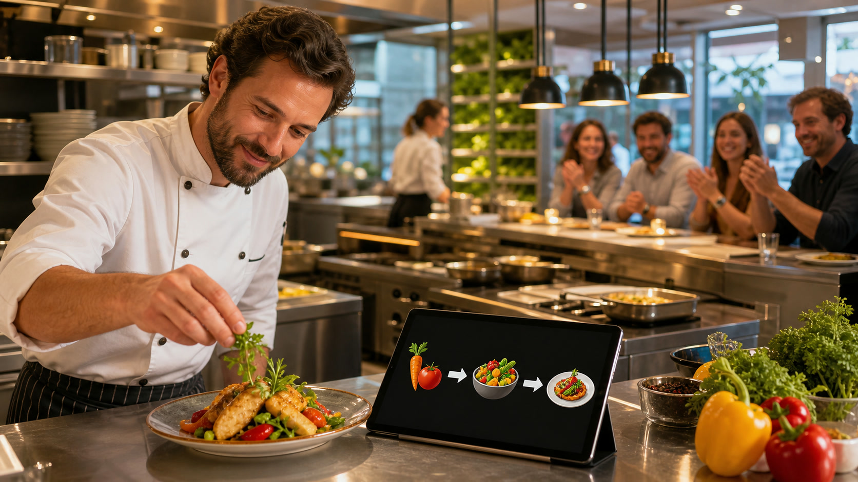 A chef completing a restaurant order beside an ingredient-to-meal progression