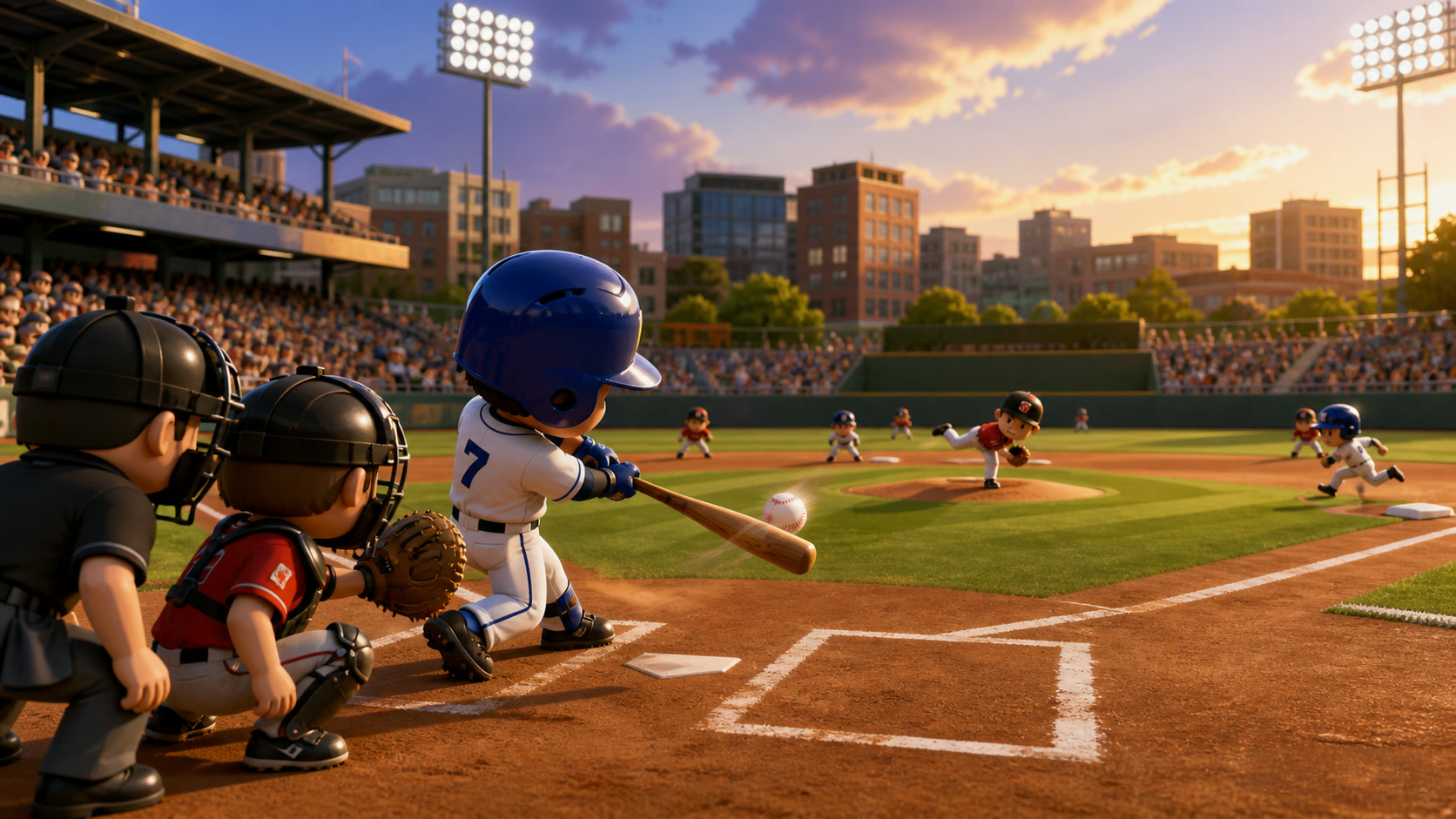 A BASEBALL 9 batter timing a pitch with runners and fielders ready for the next play