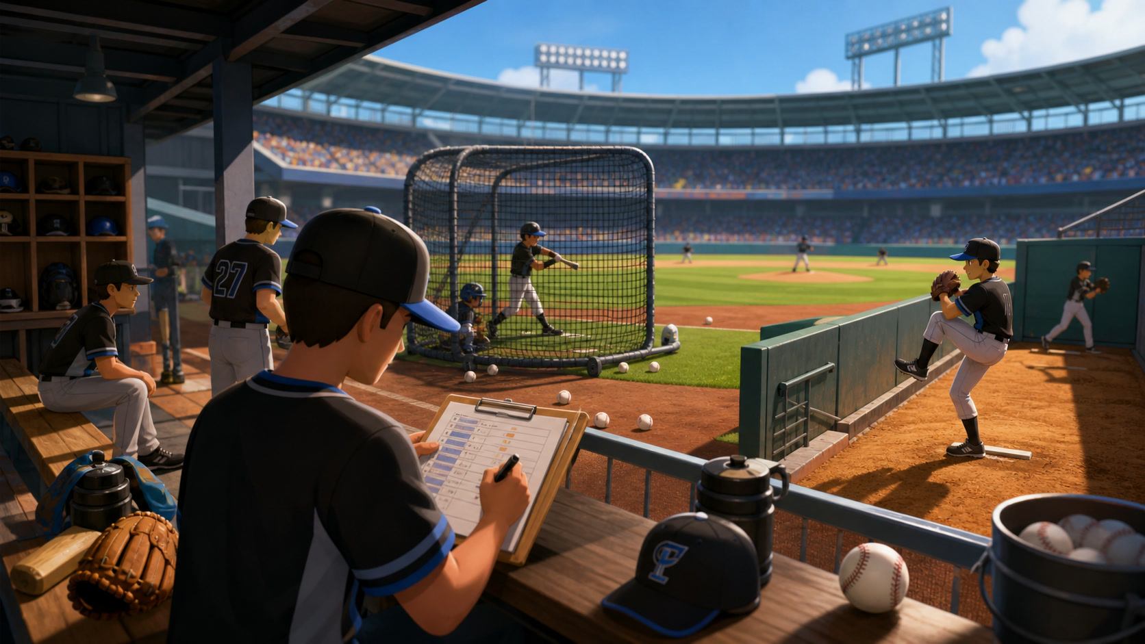 A BASEBALL 9 coach reviewing a lineup, pitcher plan, and player development choices