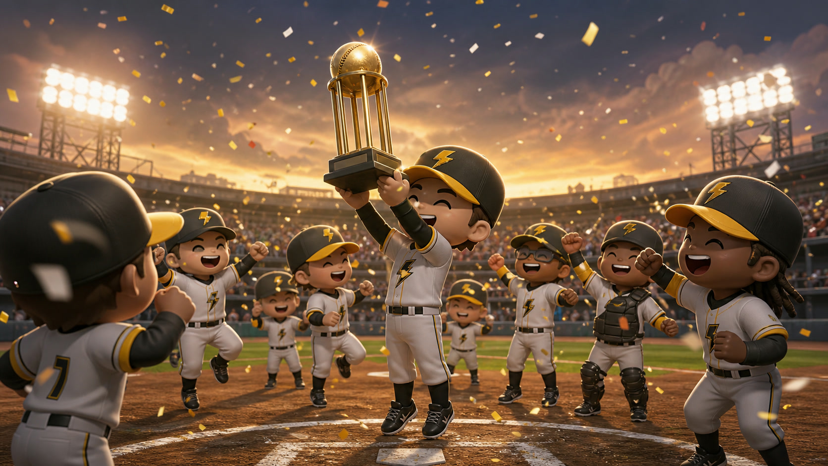 A BASEBALL 9 player finishing a compact game under stadium lights