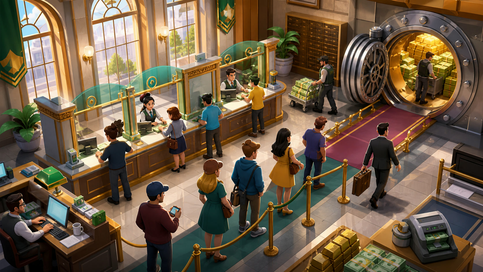 A manager expanding teller stations while customers move through a busy Idle Bank Tycoon branch