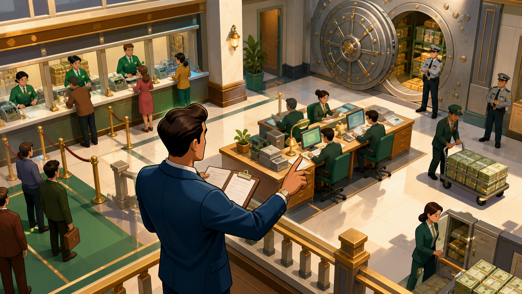 A bank manager assigning staff and improving vault and service capacity in Idle Bank Tycoon