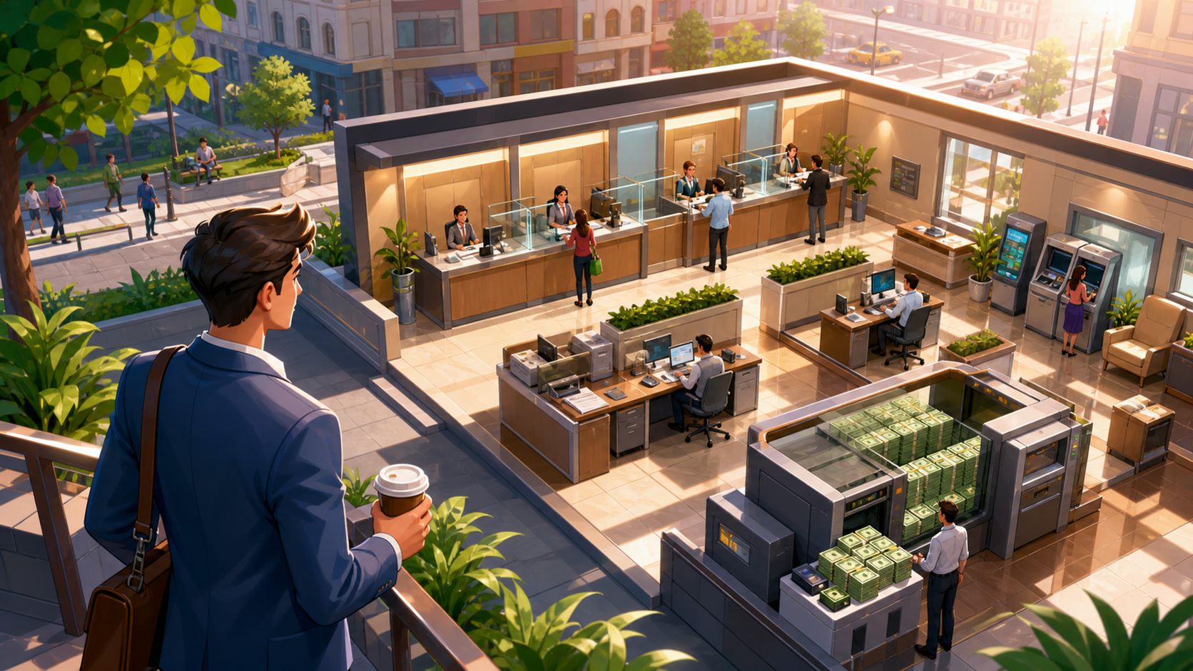 A completed Idle Bank Tycoon branch operating smoothly with customers and staff
