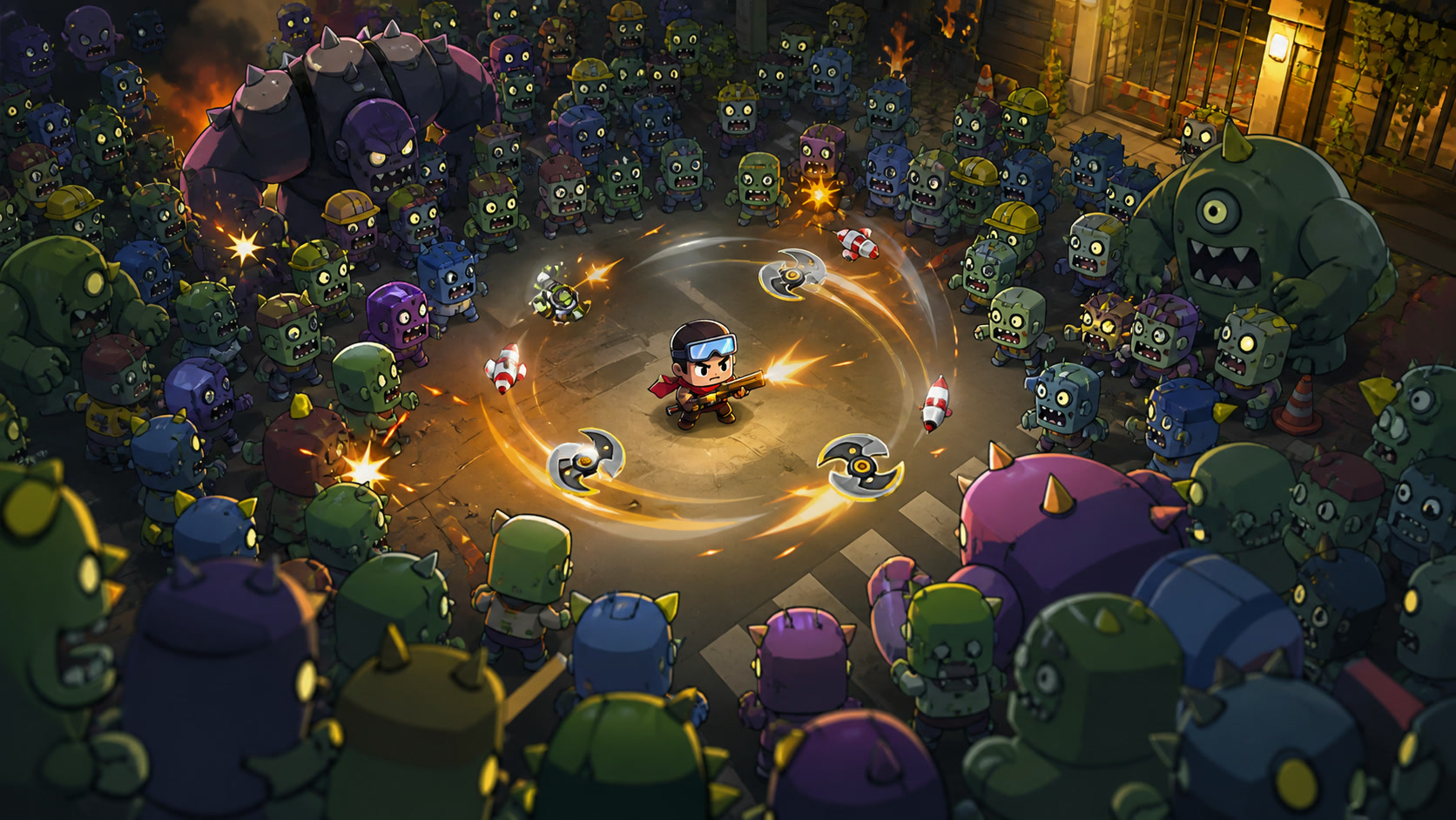 A Survivor.io warrior moving through a dense zombie crowd with orbiting weapons