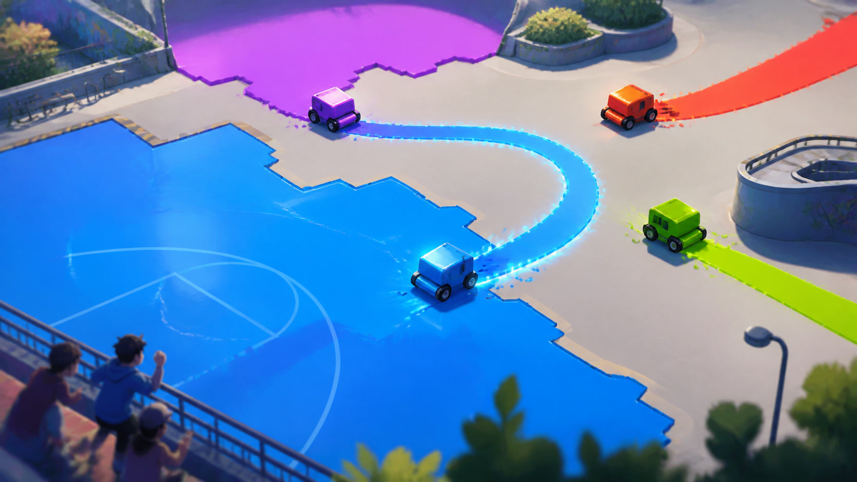 A Paper.io 2 player carving a new territory line while opponents patrol nearby