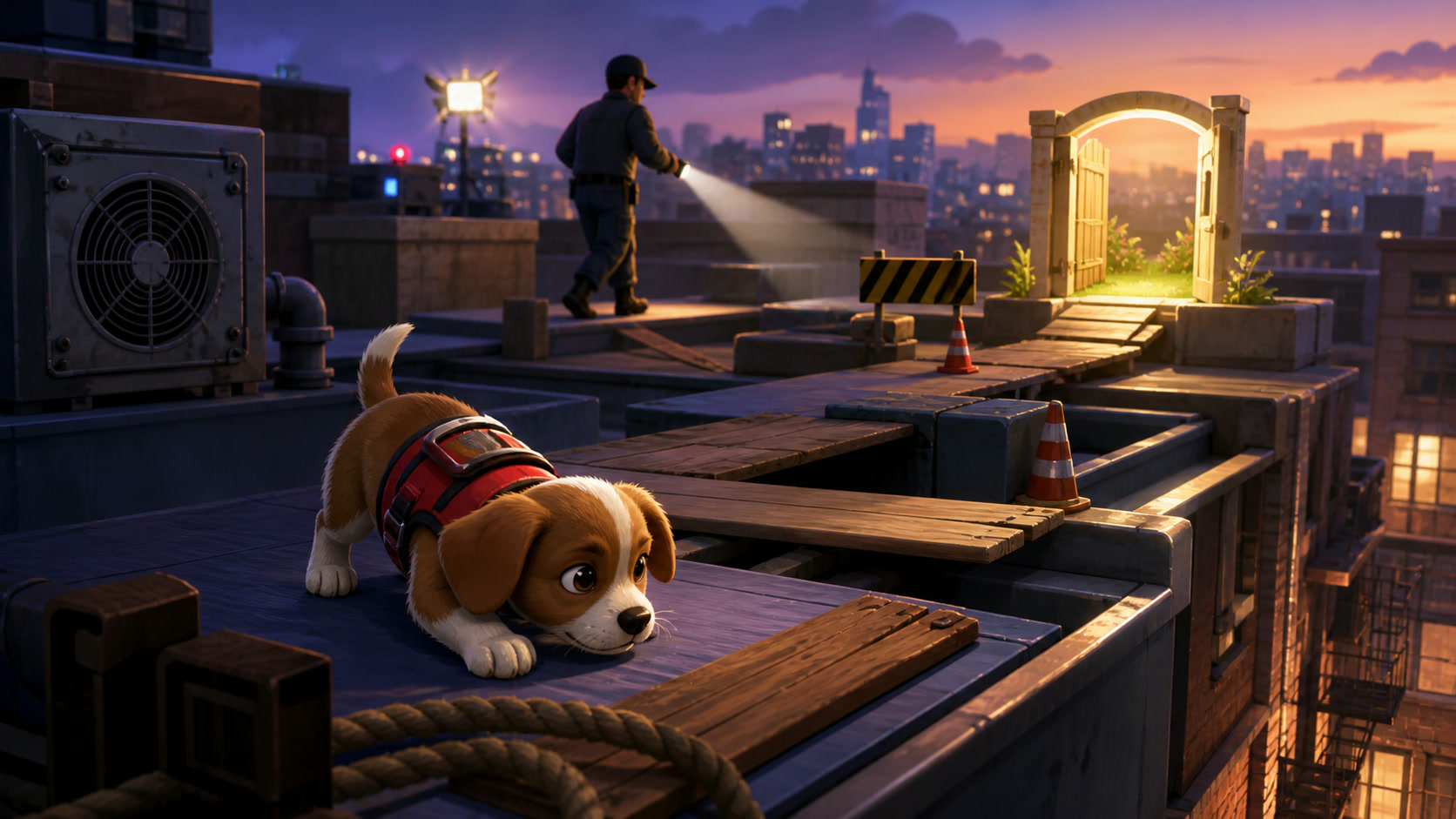 A Dog Escape pup hiding behind rooftop crates while a guard searches nearby