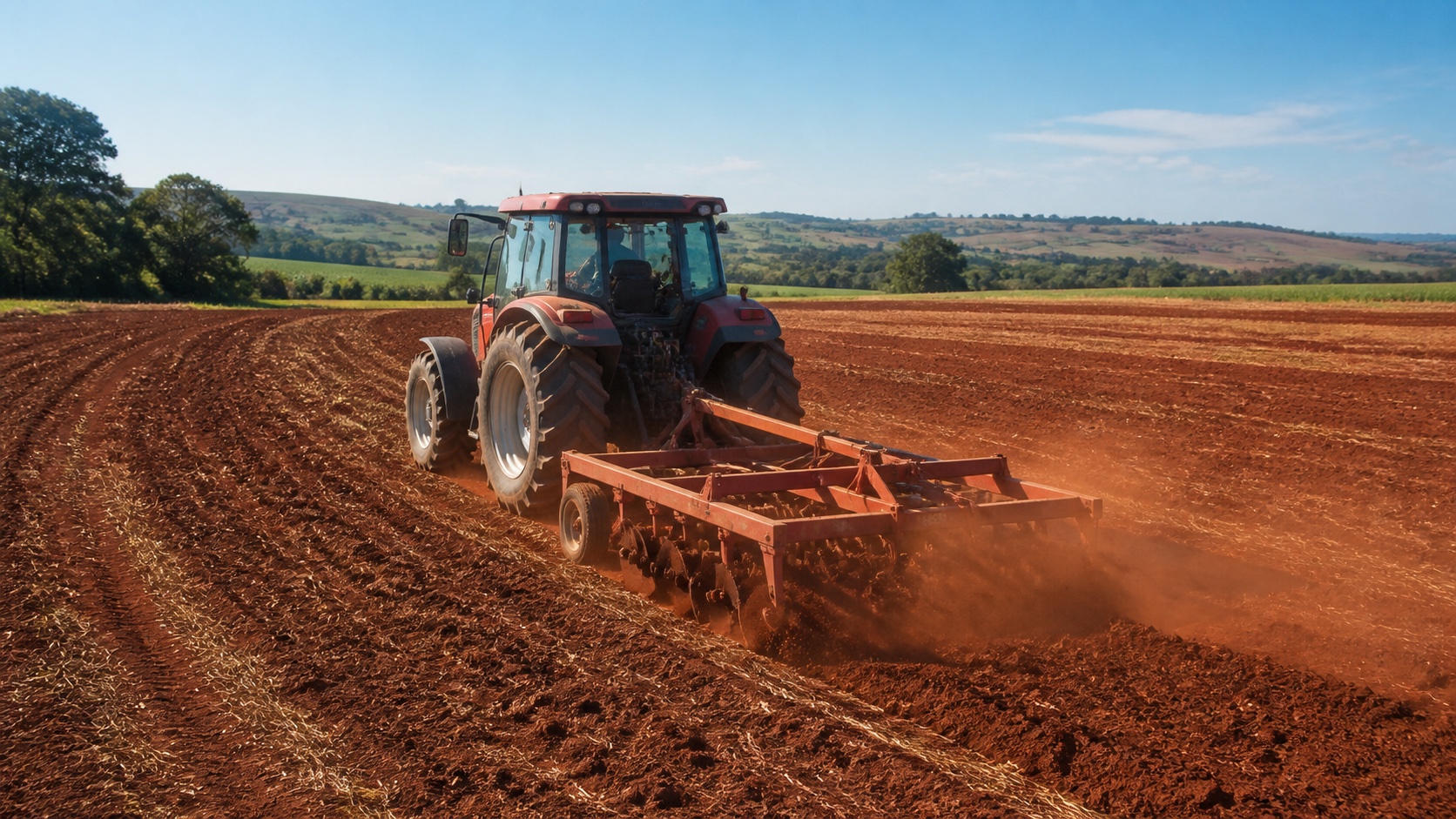 A tractor preparing a broad red-soil field with a disc harrow