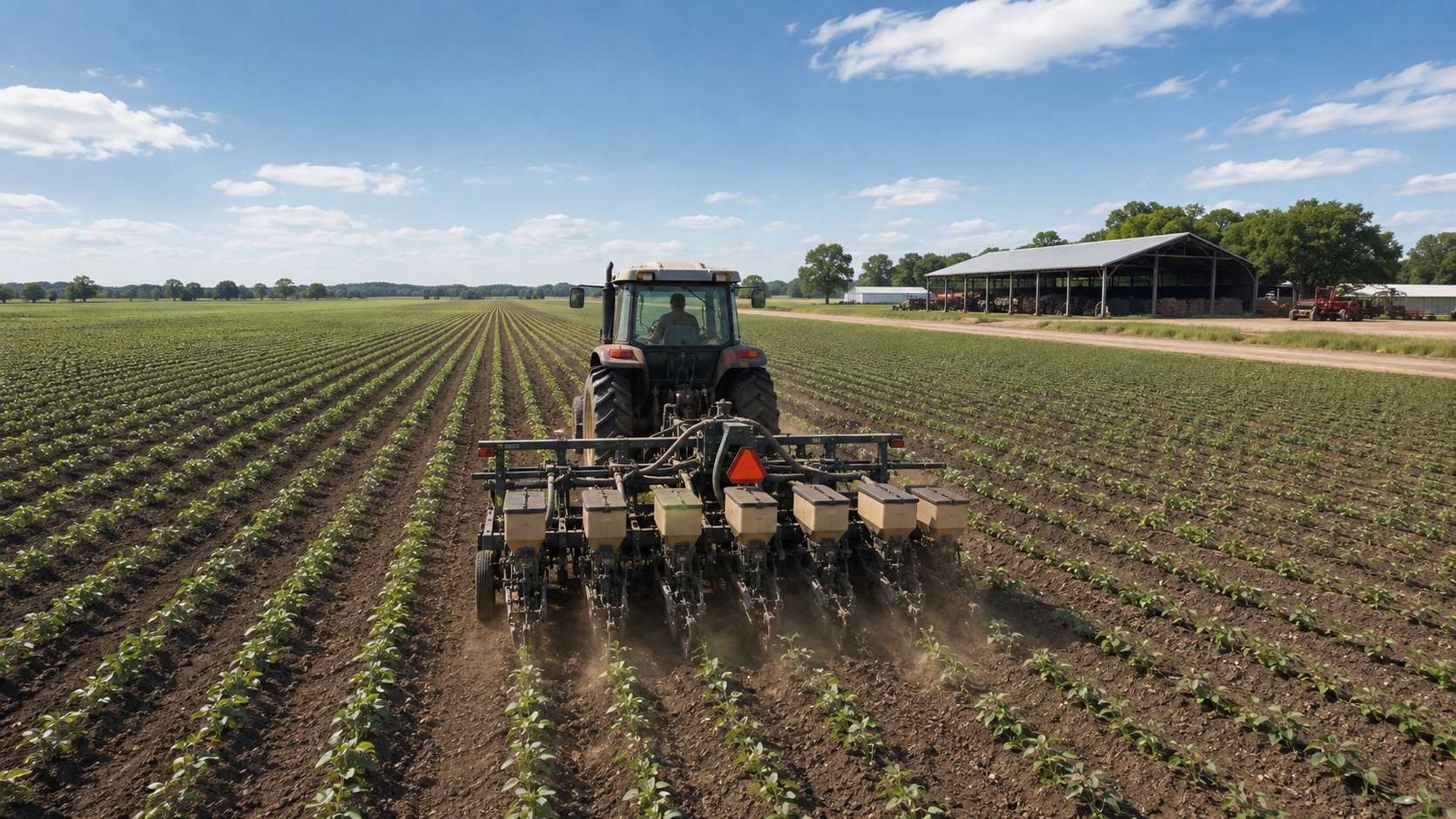 A tractor planting straight crop rows with a detailed seed drill