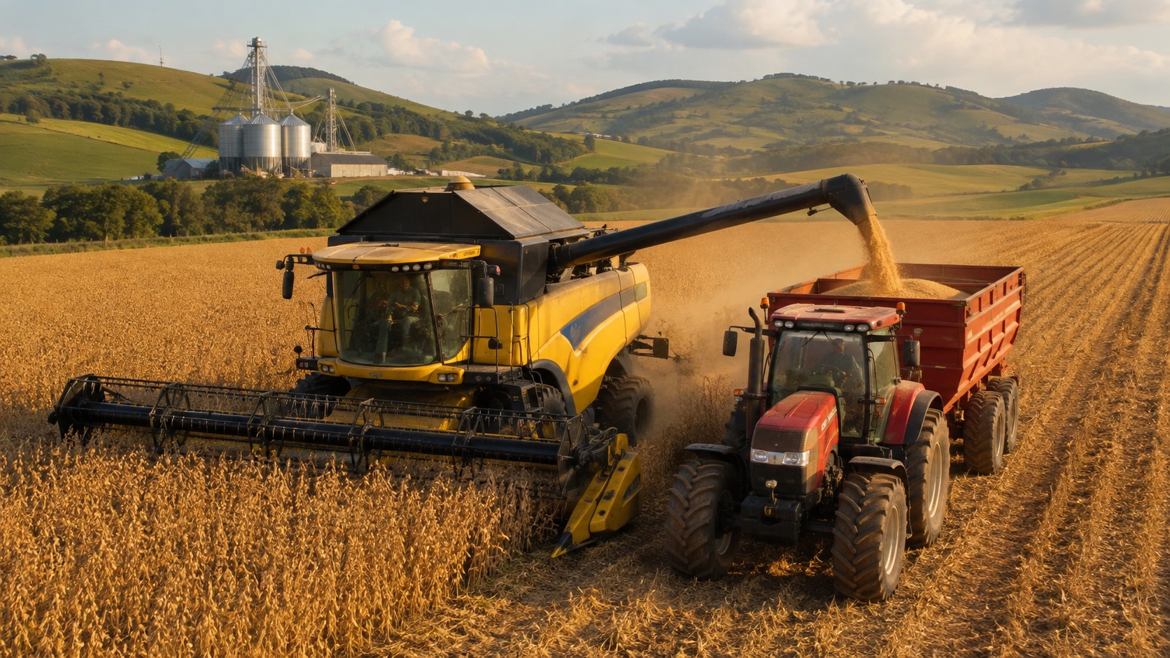 A combine unloading grain into a tractor trailer during harvest