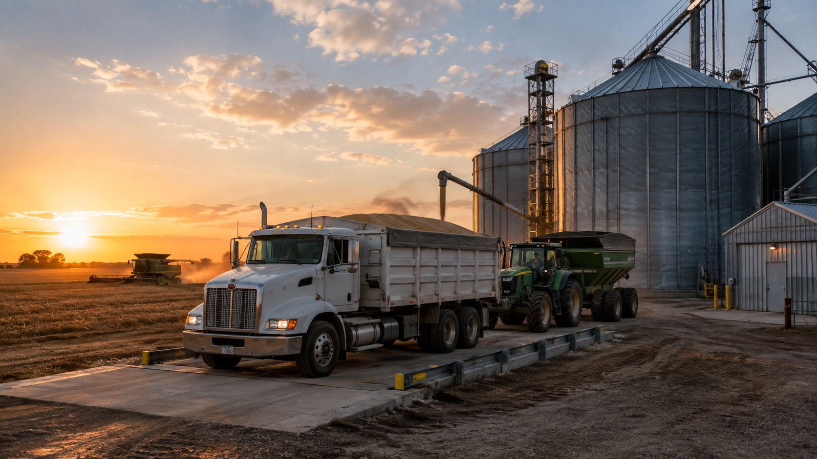 A grain truck and tractor trailer delivering the harvest to rural silos