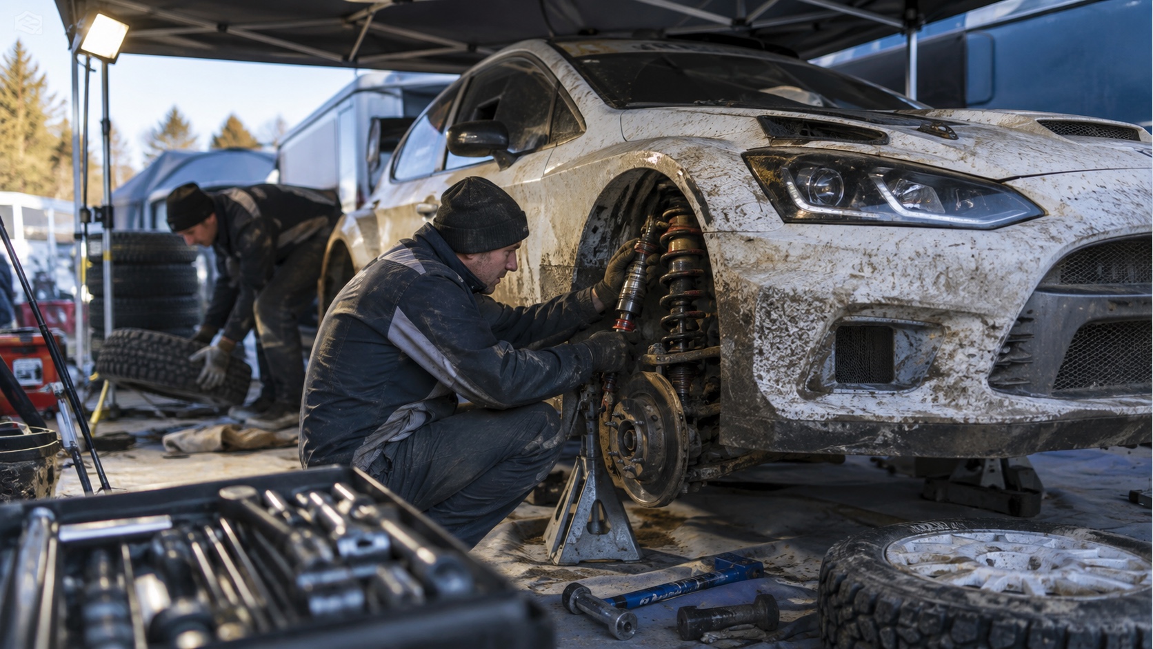 Mechanics adjusting suspension and gravel tires between rally stages