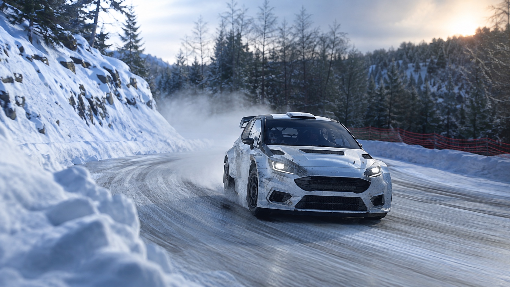 A rally car holding a controlled slide on an icy mountain stage
