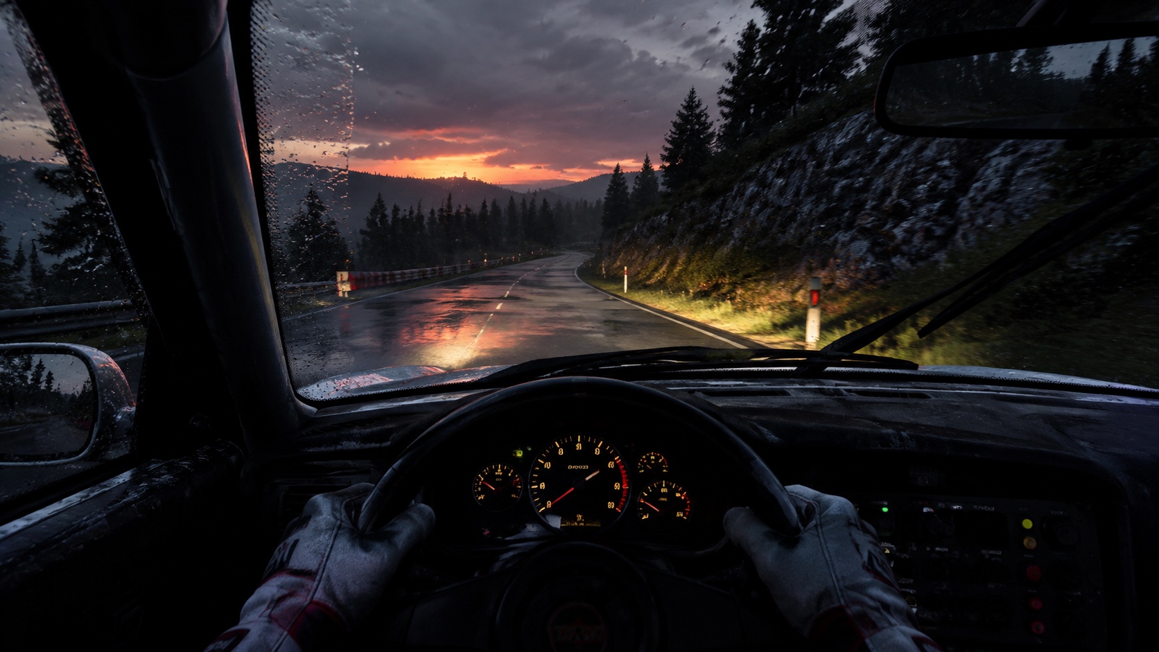 A cockpit view of a wet rally stage at dusk with wipers clearing the road