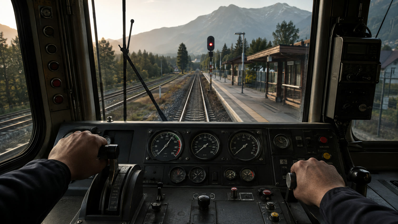 A locomotive driver operating throttle and brake while approaching a station signal