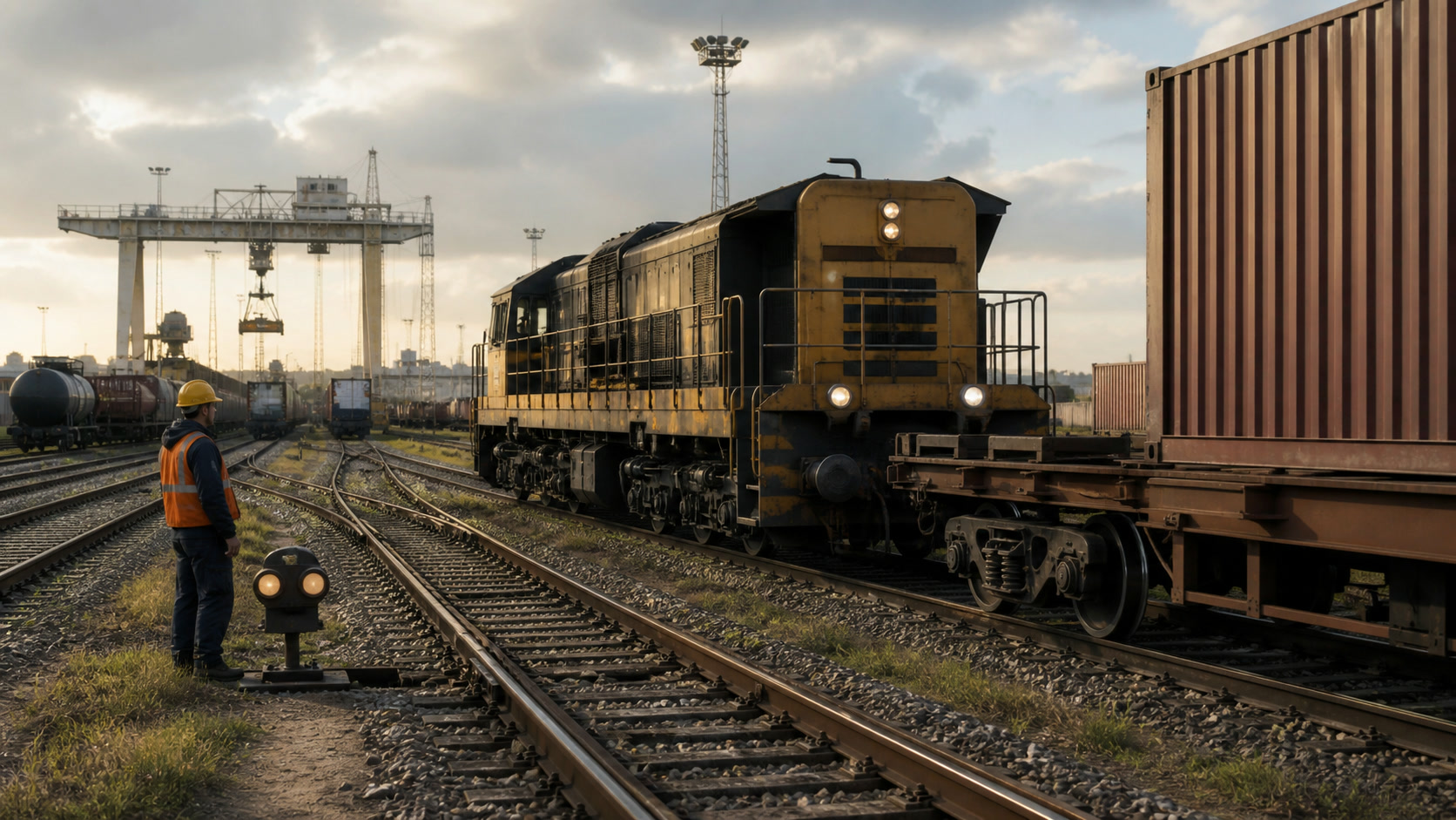 A freight locomotive performing a careful switching job in an industrial rail yard