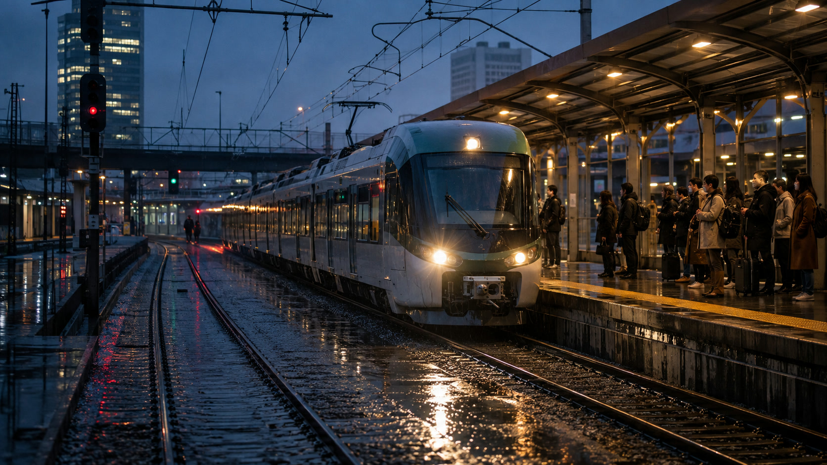 An original electric passenger train arriving at a rainy city platform at blue hour