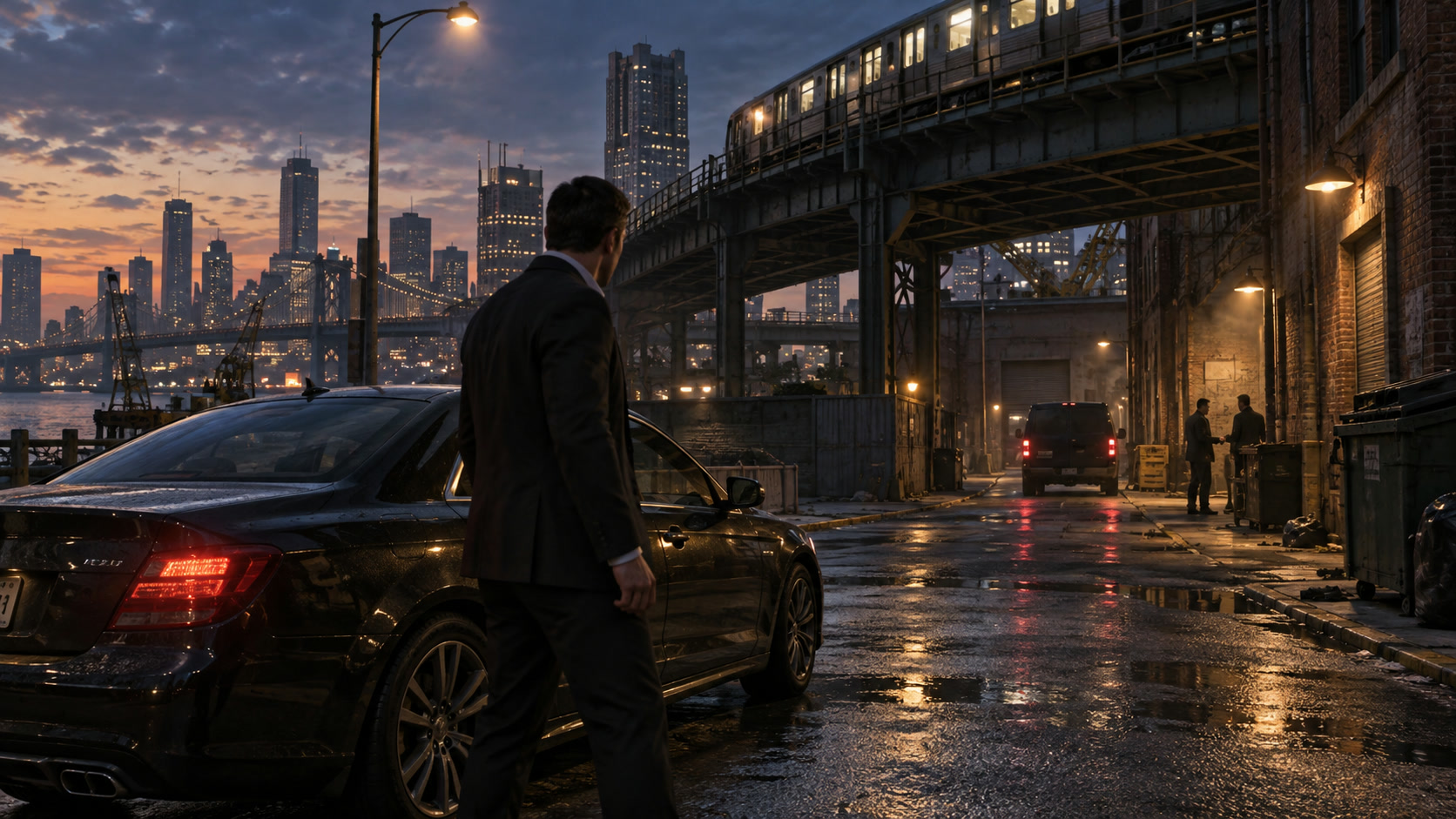 A realistic editorial scene of a lone driver entering a rain-darkened coastal crime city at night