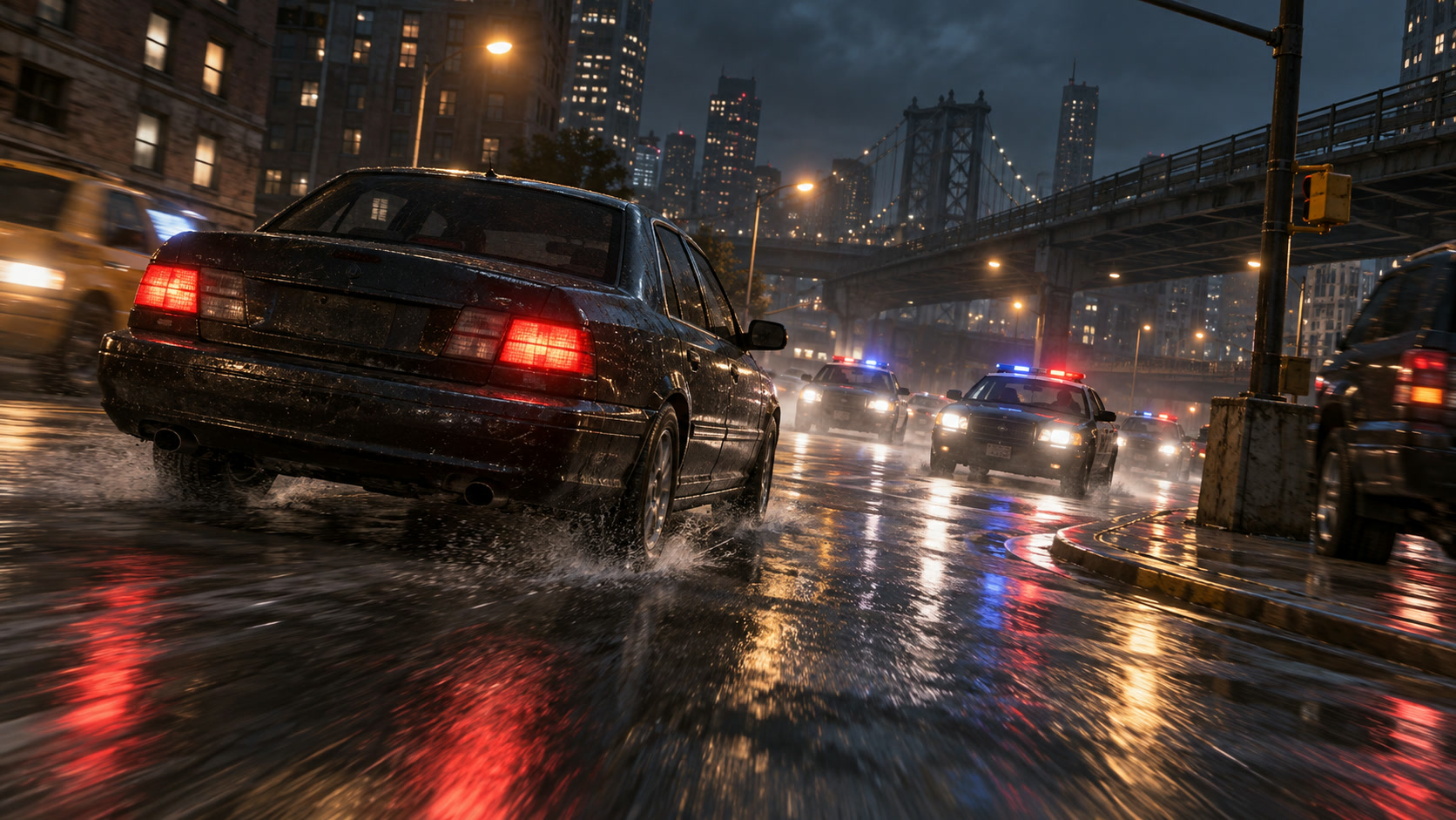 A cinematic realistic car chase through narrow urban streets without logos or recognizable characters