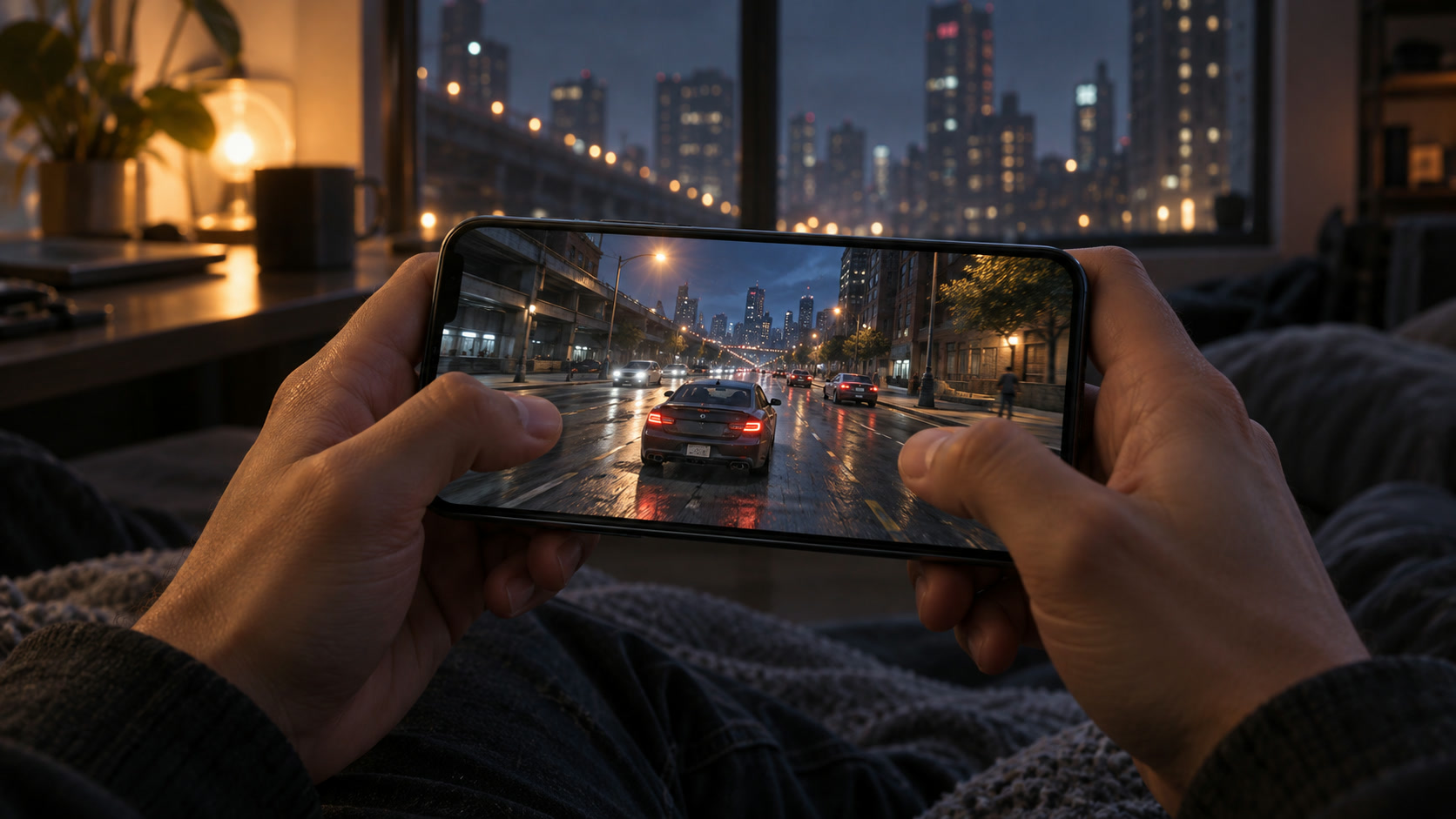 A realistic close view of hands controlling an open-world action game on a phone, with a generic unreadable interface