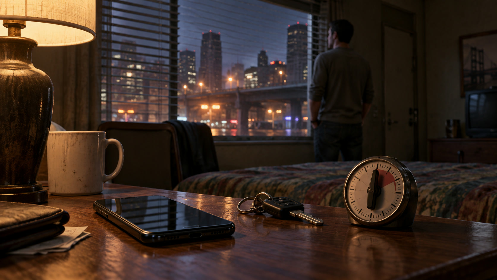 A realistic editorial still life with a phone, headphones, and a thirty-minute timer beside a night city map