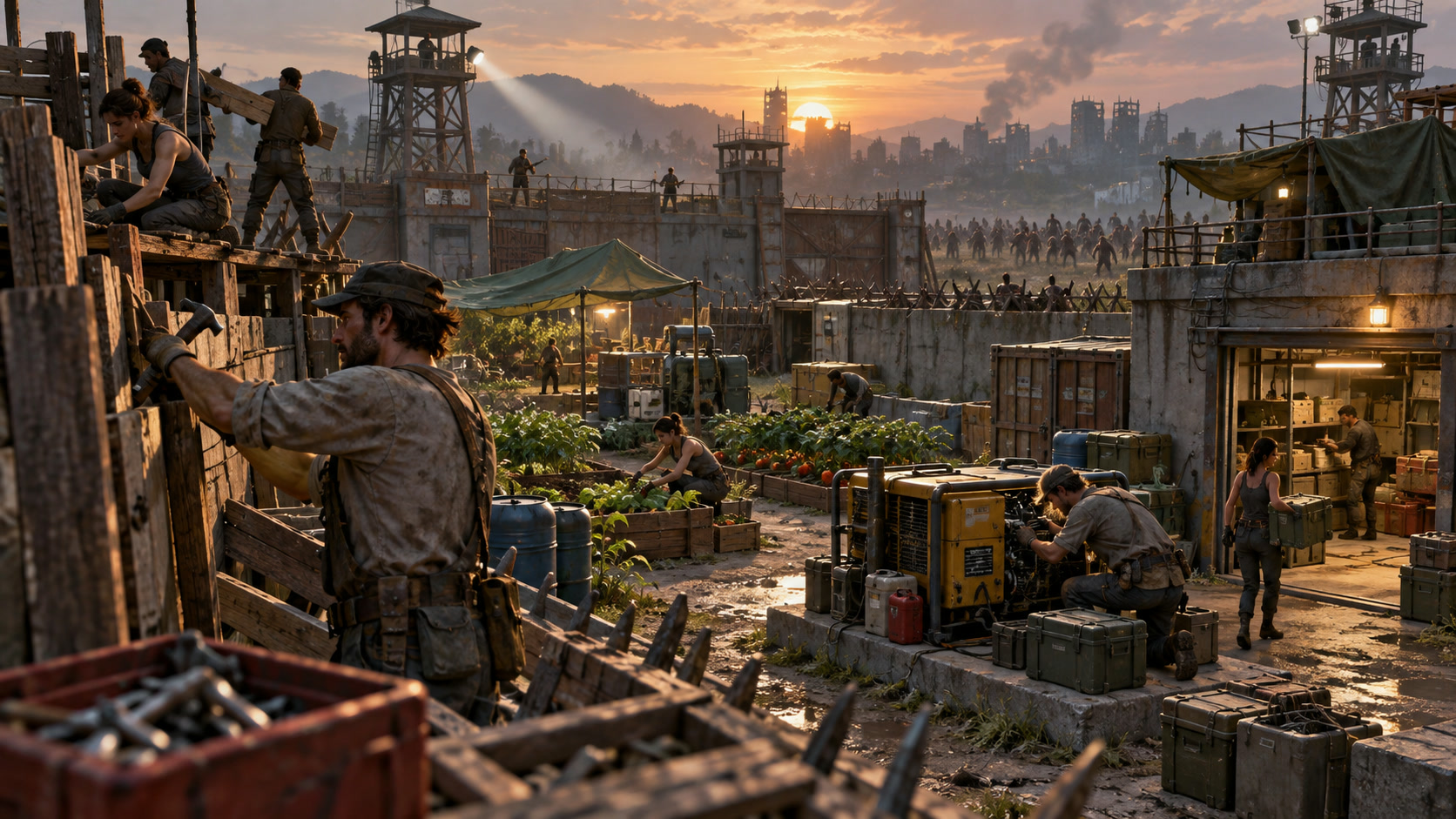 A realistic fortified survivor shelter under construction with workshops, watchtowers, and fog beyond the walls
