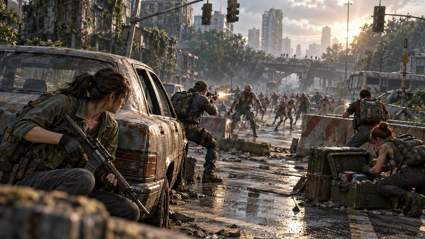 A cinematic realistic squad moving through a ruined lane while choosing between survival upgrades