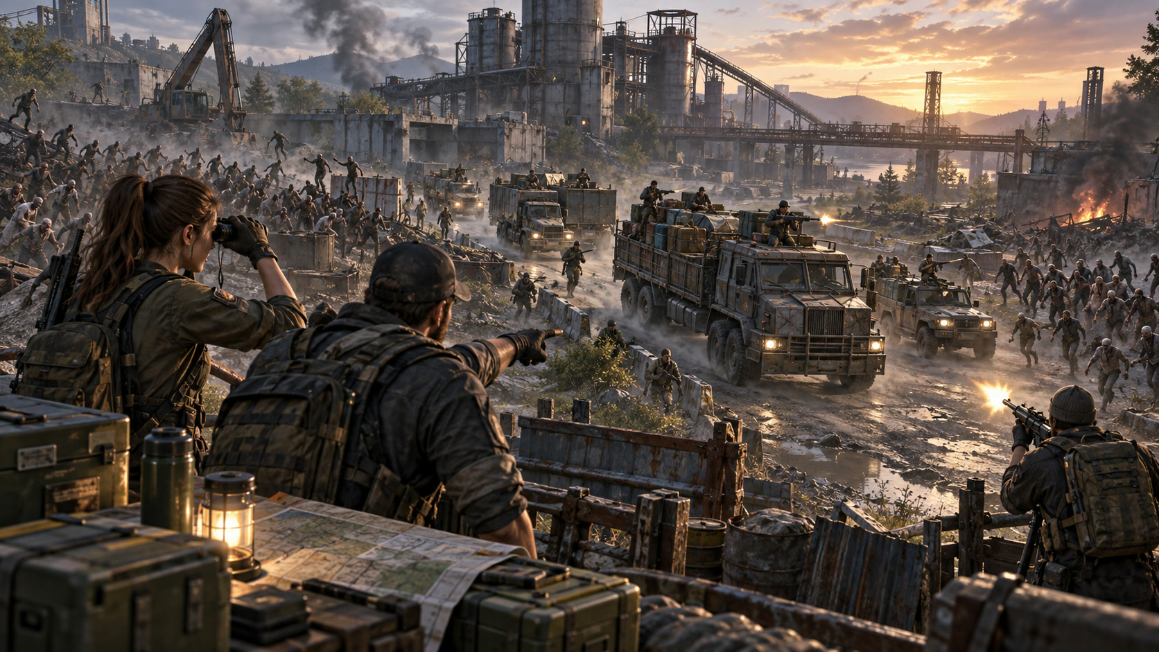 A realistic alliance command center coordinating a wasteland map with shelter locations and rally routes