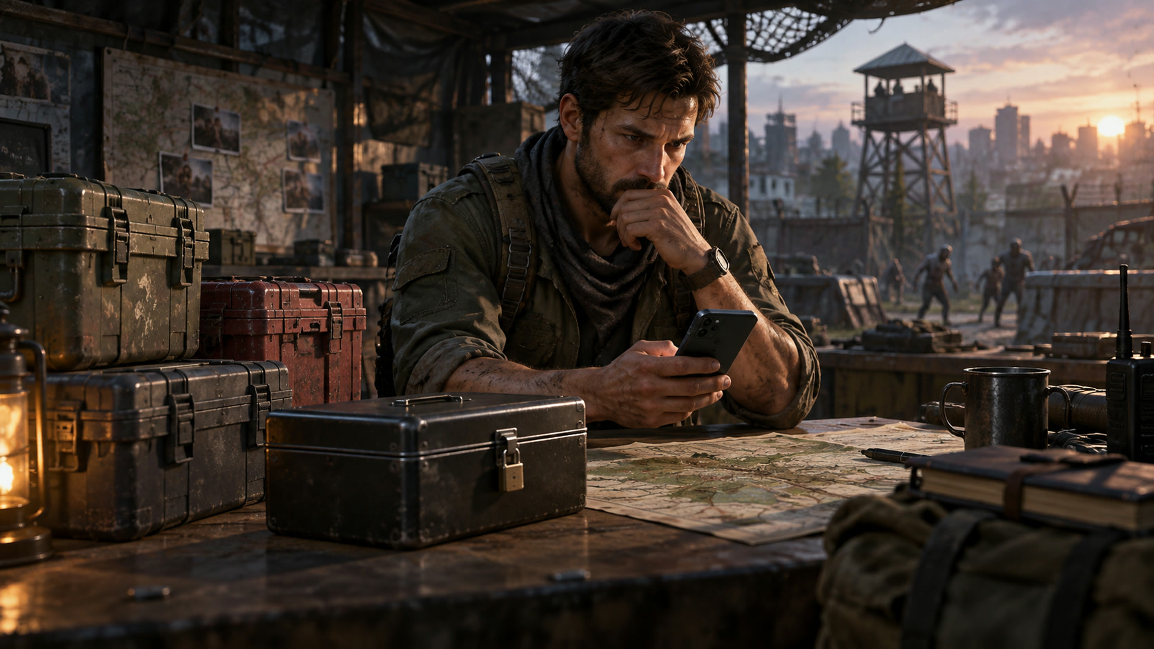 A realistic desk with a wasteland strategy game, sealed random reward crates, and a firm spending limit on paper