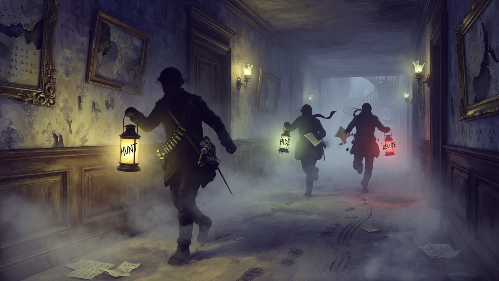 An Identity V Survivor vaulting a window while a Hunter's chain claw pulls across a cipher-lit factory floor