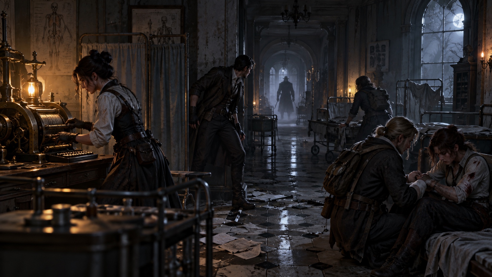 Four gothic-horror Survivors decoding, watching the corridor, supporting an injured teammate, and preparing a rescue while a Hunter approaches