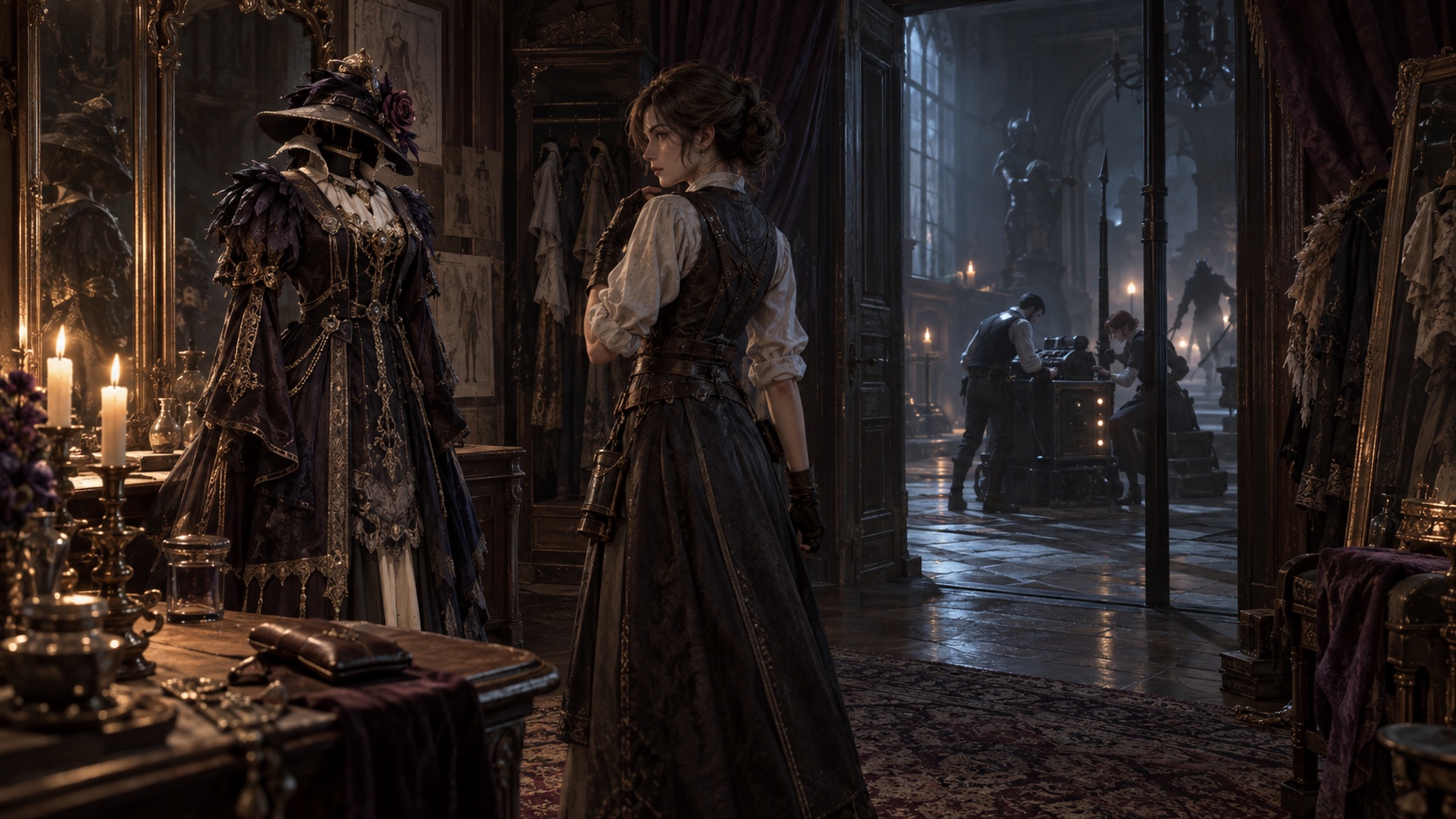 A gothic-horror Survivor considers an ornate optional costume while teammates continue decoding in the manor beyond