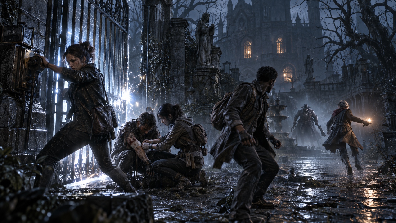 Four gothic-horror Survivors coordinate an escape through a sparking manor gate as the Hunter approaches in the rain