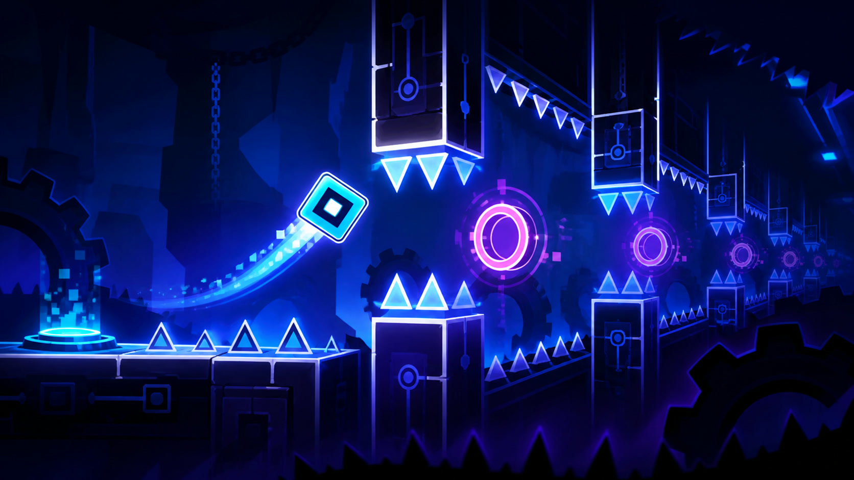 A rhythm platforming route showing visual cues, tap timing, a failed jump, and a cleaner retry