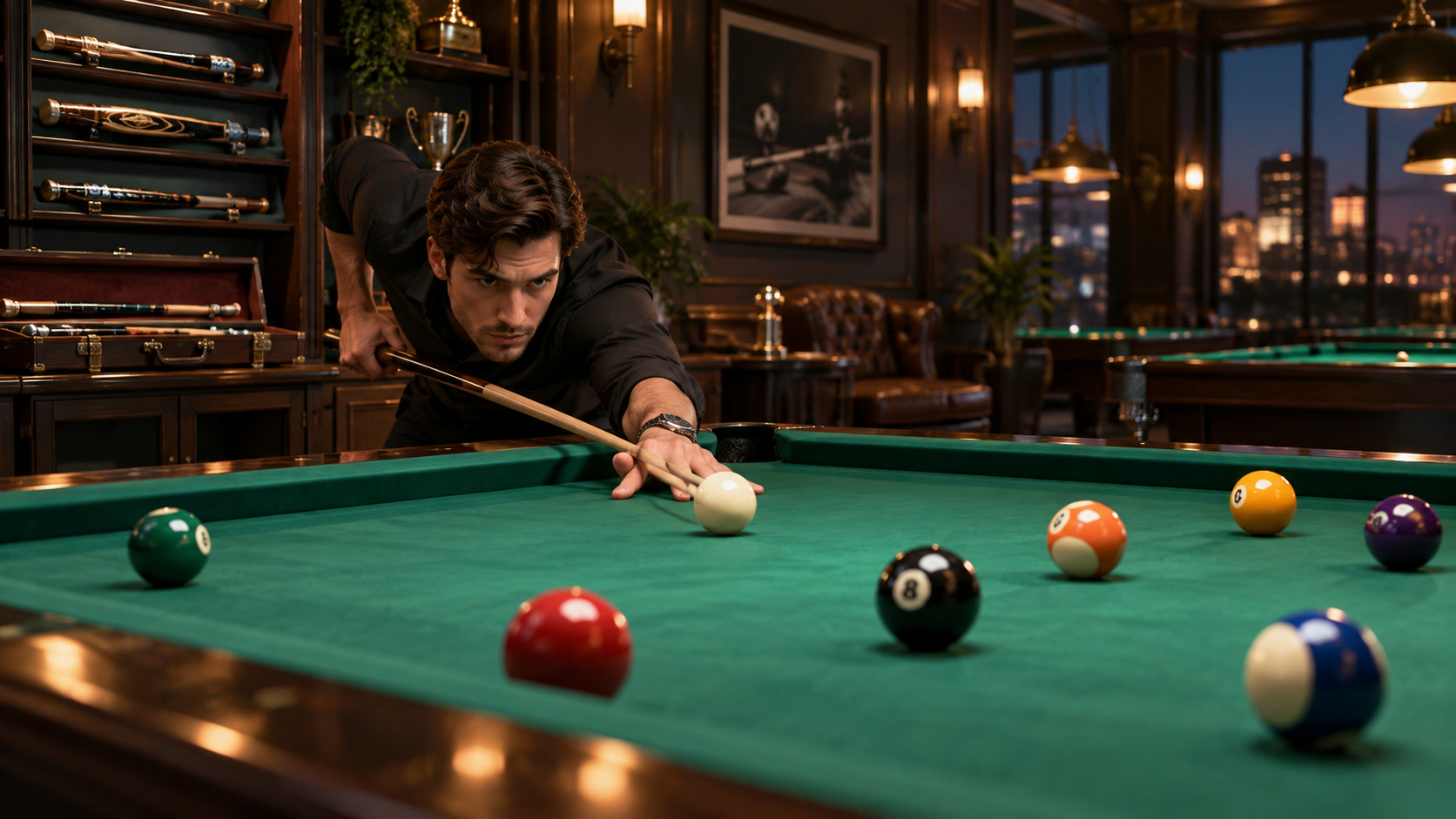 A mobile pool competitor practicing before a tournament