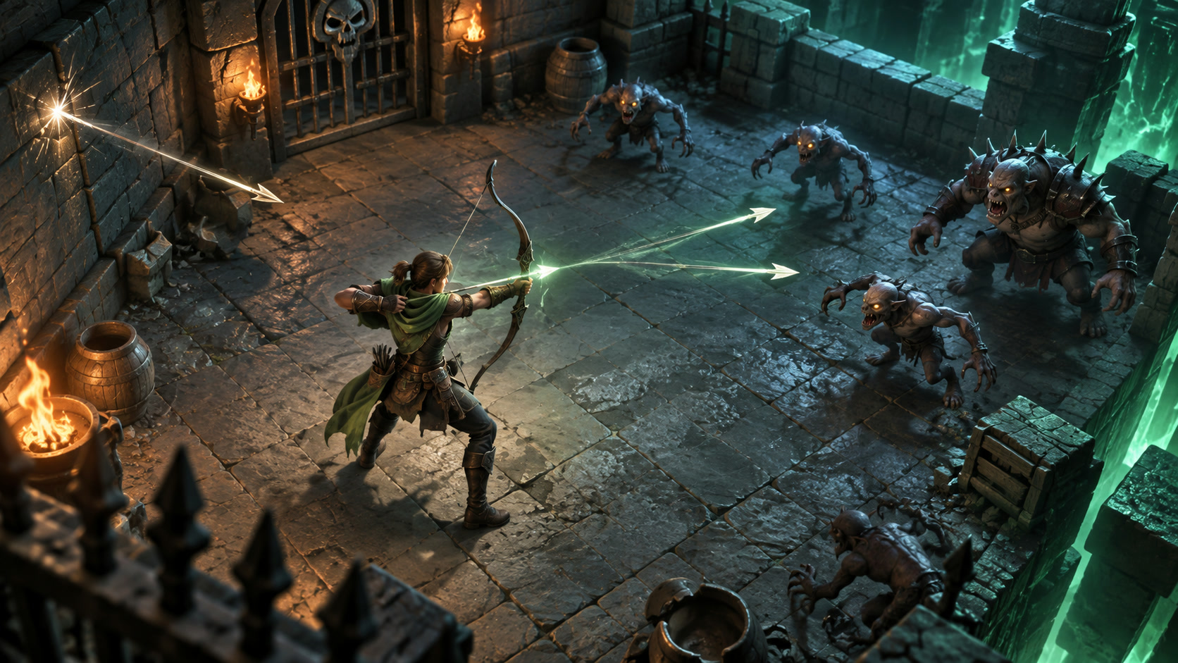 A lone fantasy archer firing while monsters close in