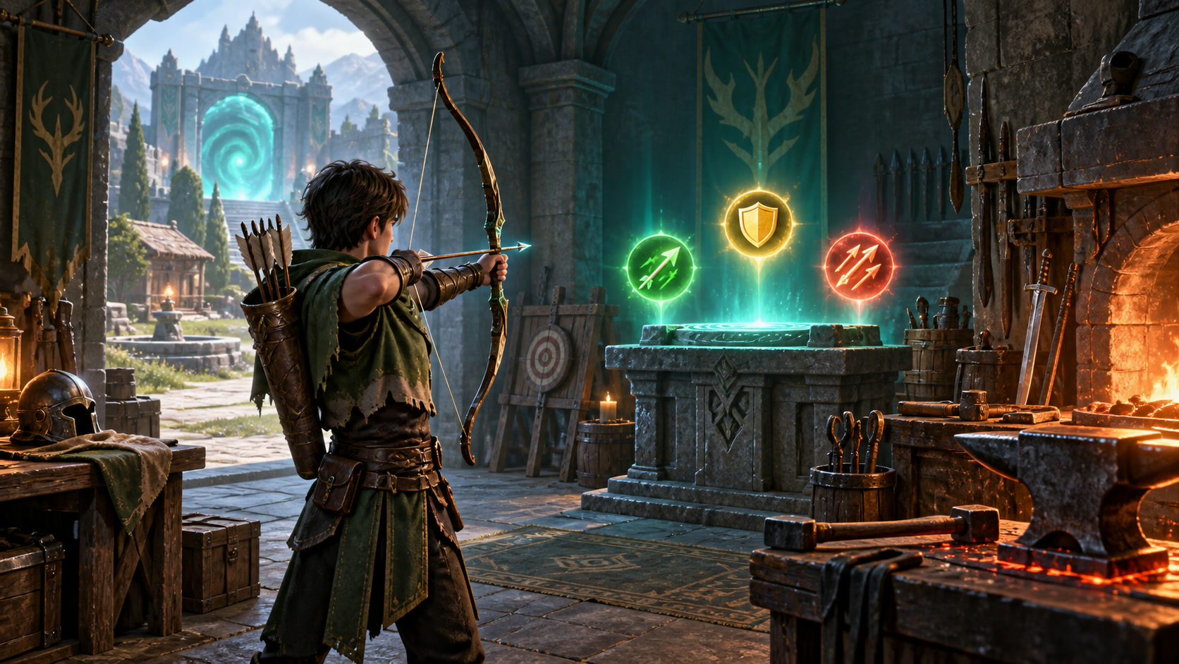 An archer testing equipment and skill relics in a fortress workshop