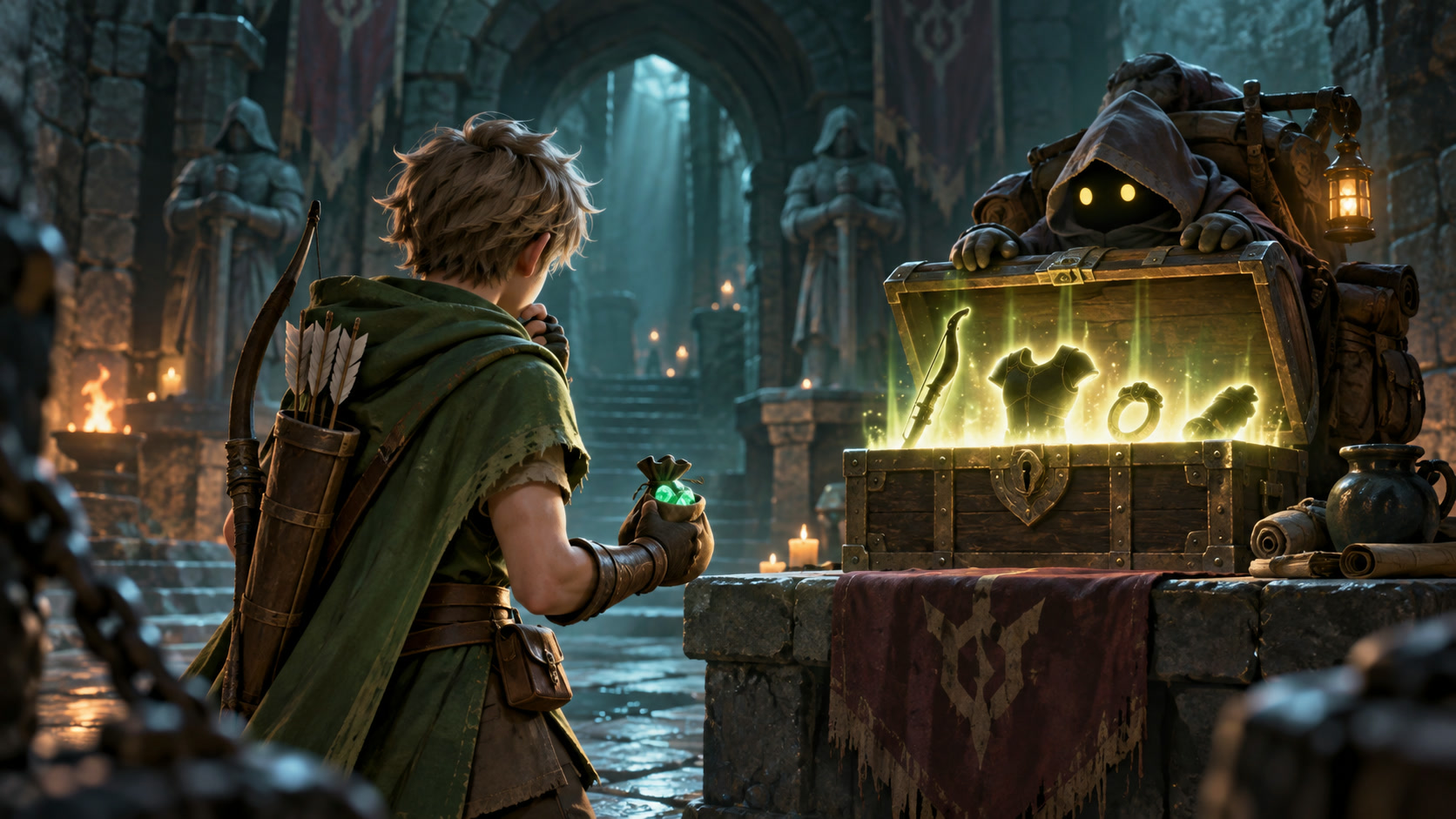 An archer considering a random reward chest with restraint