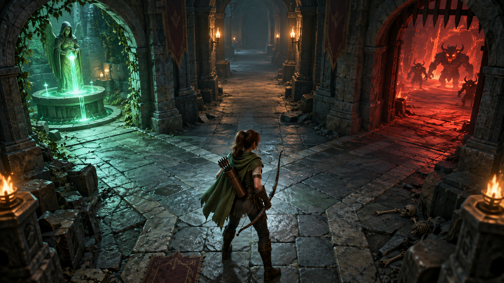 An archer choosing a cautious route through an early dungeon