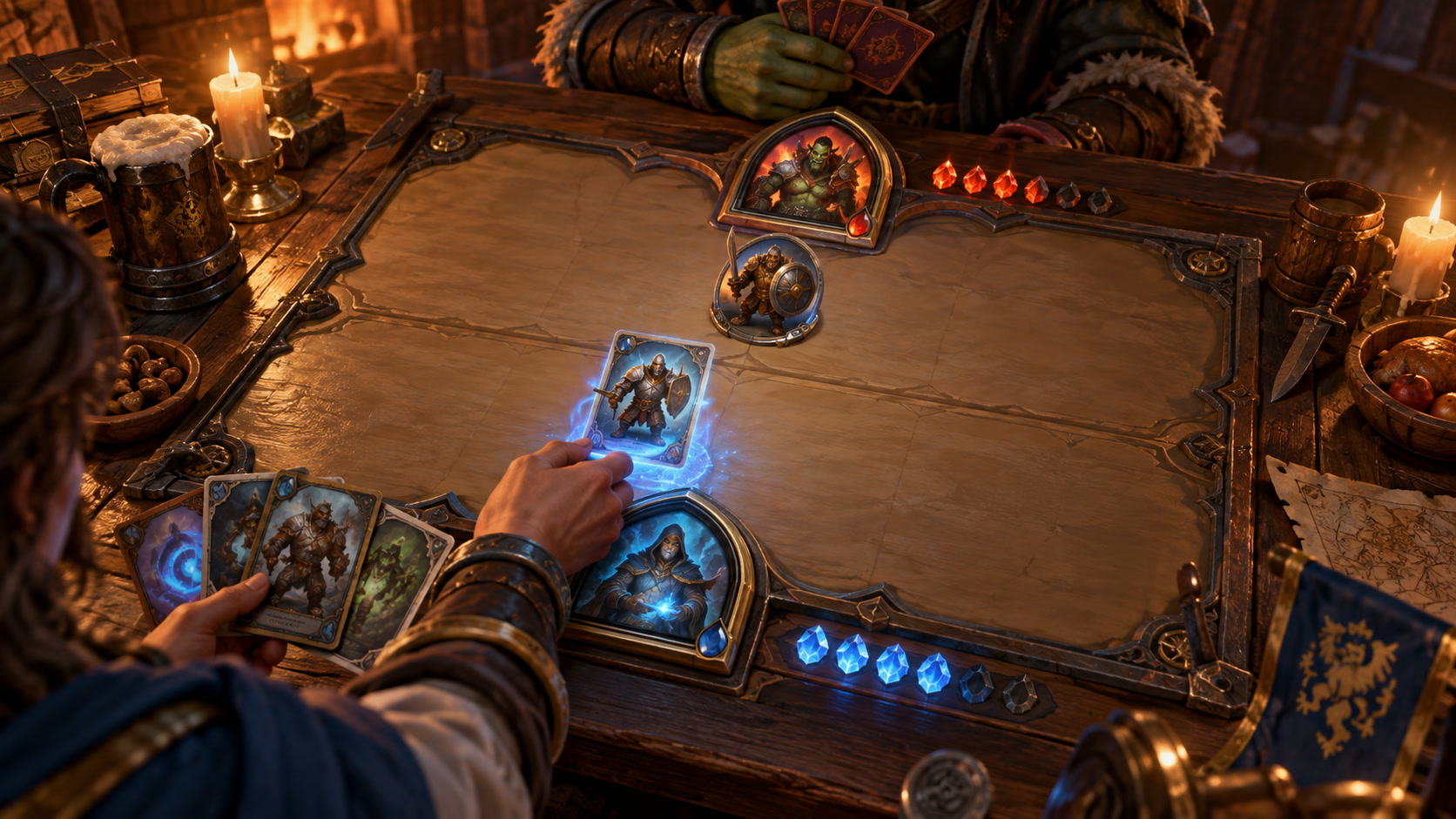 A realistic fantasy card battle on a wooden tavern table